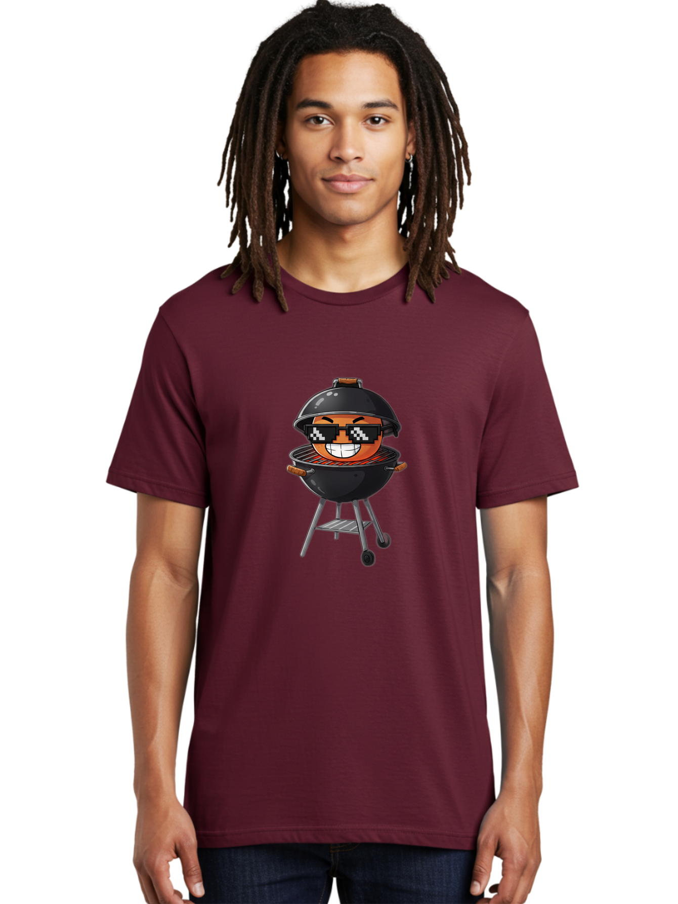 Grill-Emoji Men'S Graphic Tee, 100% Cotton, Comfortable Casual Summer Wear, Machine Washable, Burger In Barbecue Grill, Cool Burger, Grill Master, Barbecue Party, Funny Cartoon, Pixelated Sunglasses, Happy Burger, Grill Scene, Summer Vibe, Bac009