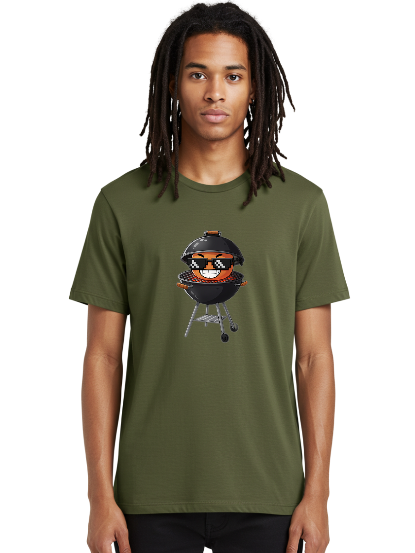 Grill-Emoji Men'S Graphic Tee, 100% Cotton, Comfortable Casual Summer Wear, Machine Washable, Burger In Barbecue Grill, Cool Burger, Grill Master, Barbecue Party, Funny Cartoon, Pixelated Sunglasses, Happy Burger, Grill Scene, Summer Vibe, Bac009