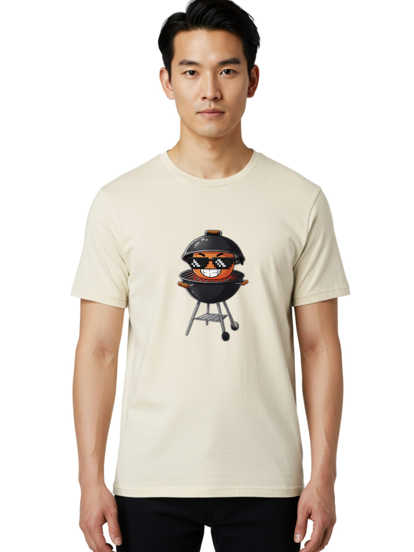 Grill-Emoji Men'S Graphic Tee, 100% Cotton, Comfortable Casual Summer Wear, Machine Washable, Burger In Barbecue Grill, Cool Burger, Grill Master, Barbecue Party, Funny Cartoon, Pixelated Sunglasses, Happy Burger, Grill Scene, Summer Vibe, Bac009