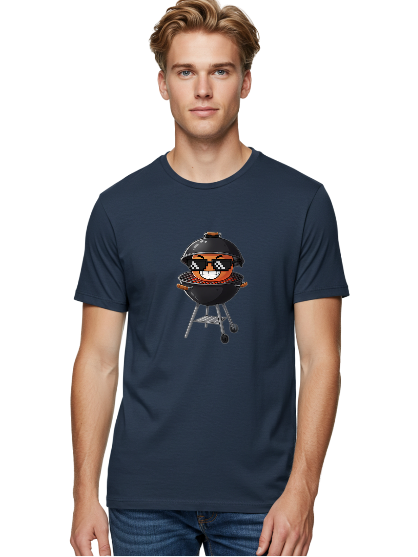 Grill-Emoji Men'S Graphic Tee, 100% Cotton, Comfortable Casual Summer Wear, Machine Washable, Burger In Barbecue Grill, Cool Burger, Grill Master, Barbecue Party, Funny Cartoon, Pixelated Sunglasses, Happy Burger, Grill Scene, Summer Vibe, Bac009