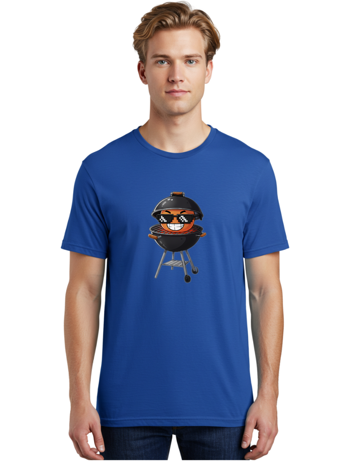 Grill-Emoji Men'S Graphic Tee, 100% Cotton, Comfortable Casual Summer Wear, Machine Washable, Burger In Barbecue Grill, Cool Burger, Grill Master, Barbecue Party, Funny Cartoon, Pixelated Sunglasses, Happy Burger, Grill Scene, Summer Vibe, Bac009