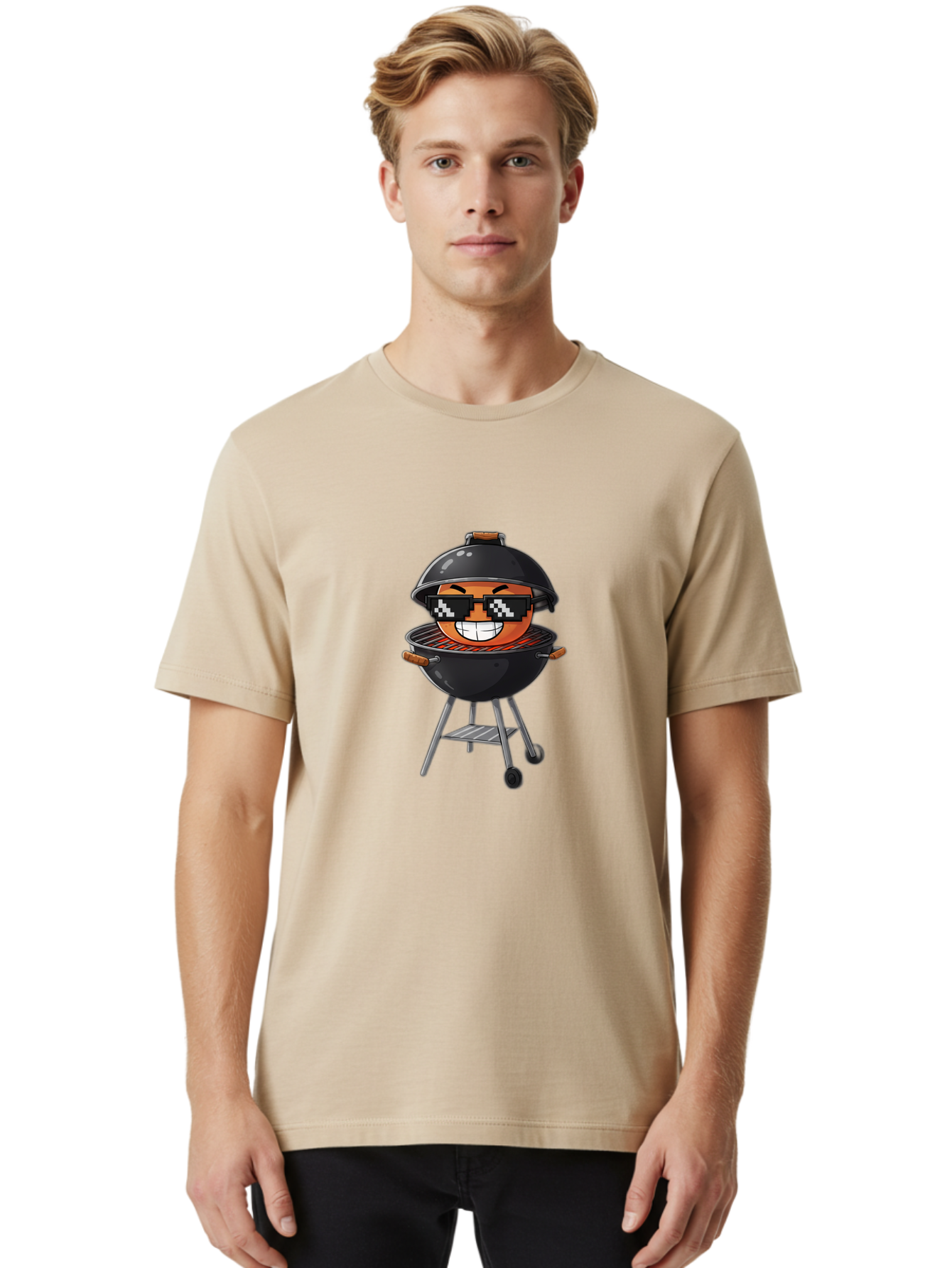Grill-Emoji Men'S Graphic Tee, 100% Cotton, Comfortable Casual Summer Wear, Machine Washable, Burger In Barbecue Grill, Cool Burger, Grill Master, Barbecue Party, Funny Cartoon, Pixelated Sunglasses, Happy Burger, Grill Scene, Summer Vibe, Bac009