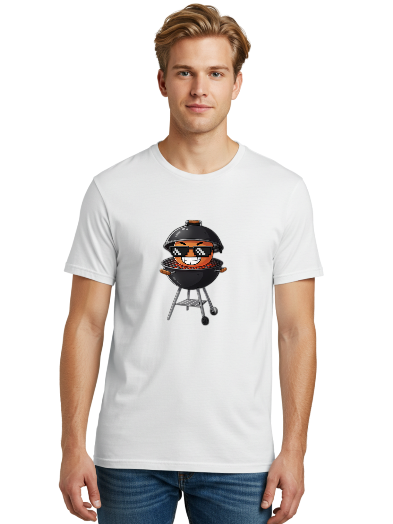 Grill-Emoji Men'S Graphic Tee, 100% Cotton, Comfortable Casual Summer Wear, Machine Washable, Burger In Barbecue Grill, Cool Burger, Grill Master, Barbecue Party, Funny Cartoon, Pixelated Sunglasses, Happy Burger, Grill Scene, Summer Vibe, Bac009