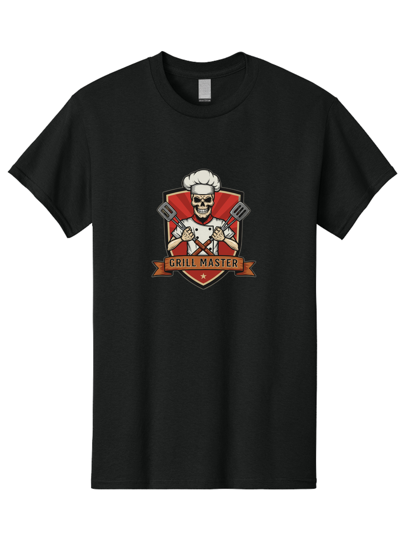 Grill-Master-1 Men'S Graphic Tee, 100% Cotton, Comfortable Casual Summer Wear, Machine Washable, Skull Chef, Grill Master Logo, Chef Hat, Crossed Spatulas, Red Shield, Cooking Theme, Kitchen Design, Chef Uniform, Skeleton Chef Bac010