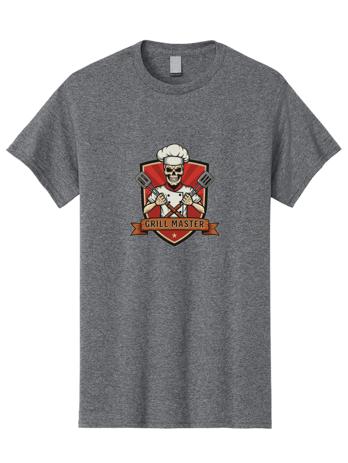 Grill-Master-1 Men'S Graphic Tee, 100% Cotton, Comfortable Casual Summer Wear, Machine Washable, Skull Chef, Grill Master Logo, Chef Hat, Crossed Spatulas, Red Shield, Cooking Theme, Kitchen Design, Chef Uniform, Skeleton Chef Bac010