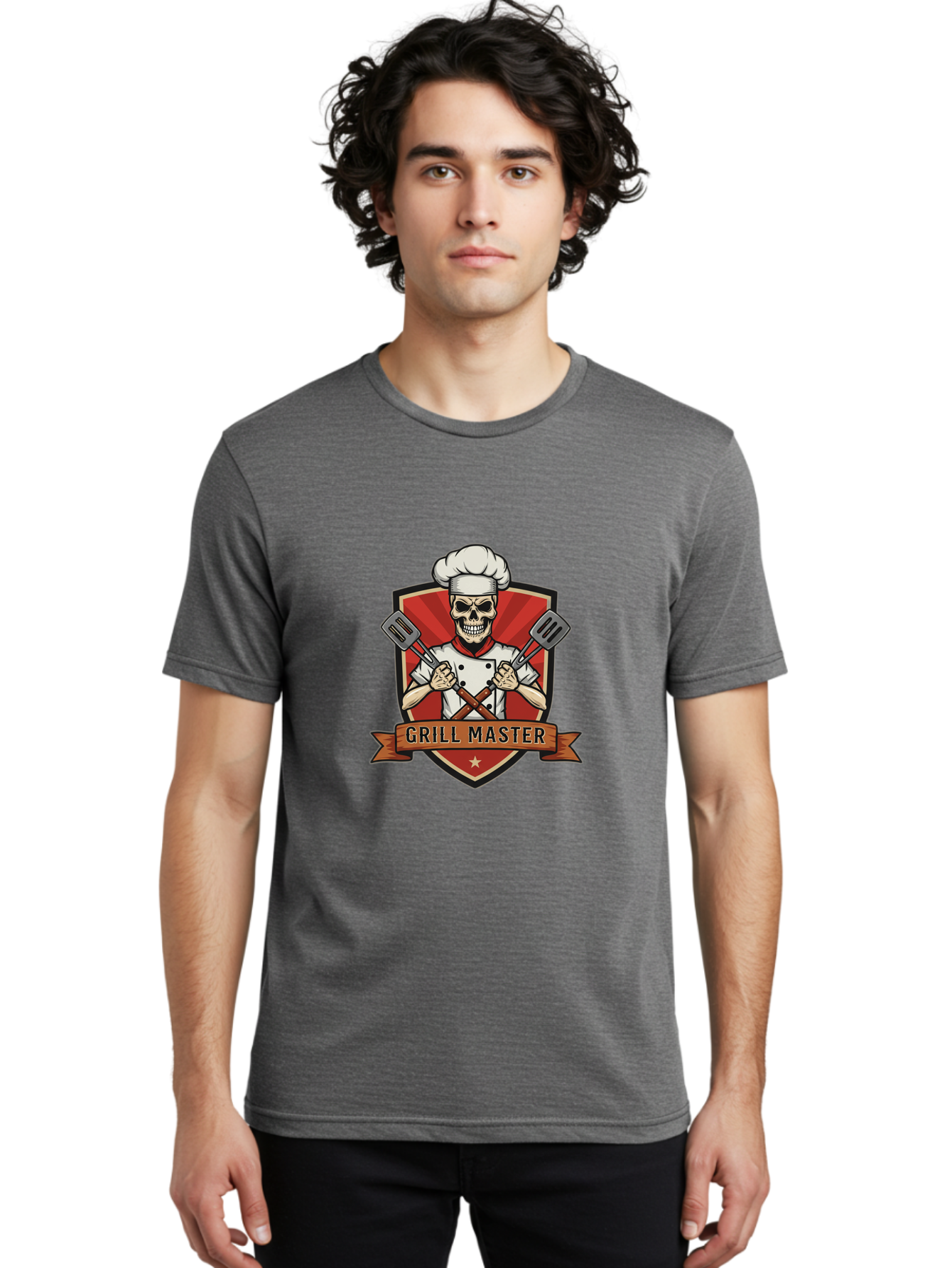 Grill-Master-1 Men'S Graphic Tee, 100% Cotton, Comfortable Casual Summer Wear, Machine Washable, Skull Chef, Grill Master Logo, Chef Hat, Crossed Spatulas, Red Shield, Cooking Theme, Kitchen Design, Chef Uniform, Skeleton Chef Bac010