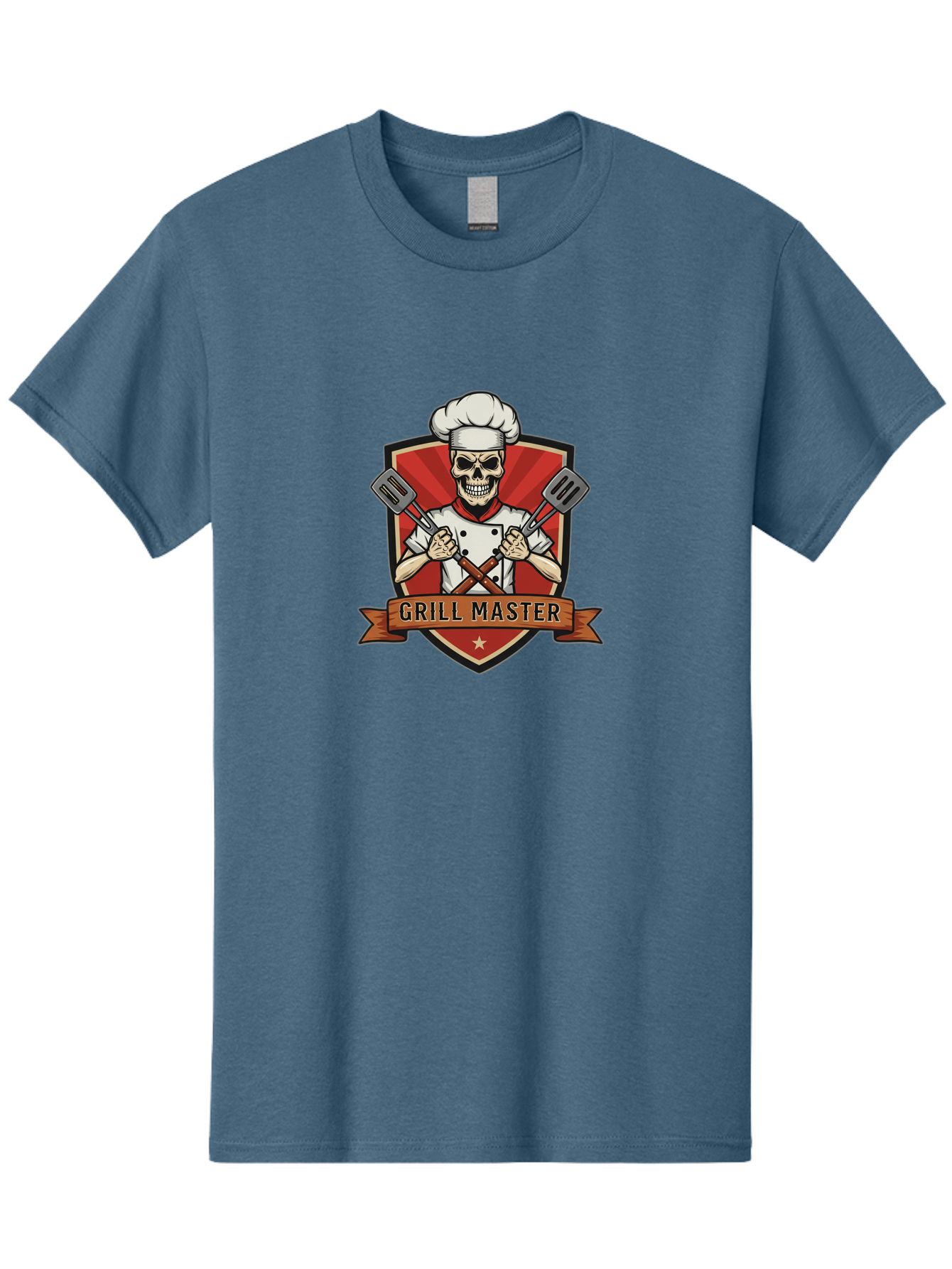 Grill-Master-1 Men'S Graphic Tee, 100% Cotton, Comfortable Casual Summer Wear, Machine Washable, Skull Chef, Grill Master Logo, Chef Hat, Crossed Spatulas, Red Shield, Cooking Theme, Kitchen Design, Chef Uniform, Skeleton Chef Bac010