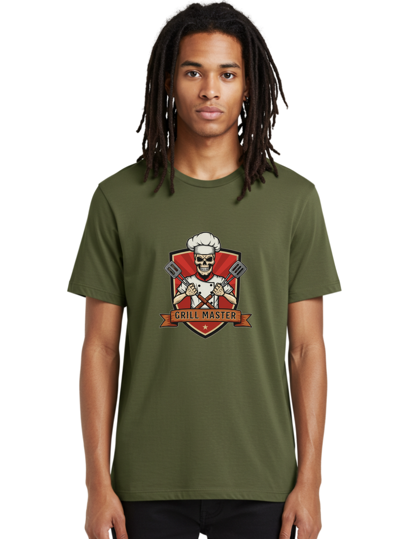 Grill-Master-1 Men'S Graphic Tee, 100% Cotton, Comfortable Casual Summer Wear, Machine Washable, Skull Chef, Grill Master Logo, Chef Hat, Crossed Spatulas, Red Shield, Cooking Theme, Kitchen Design, Chef Uniform, Skeleton Chef Bac010