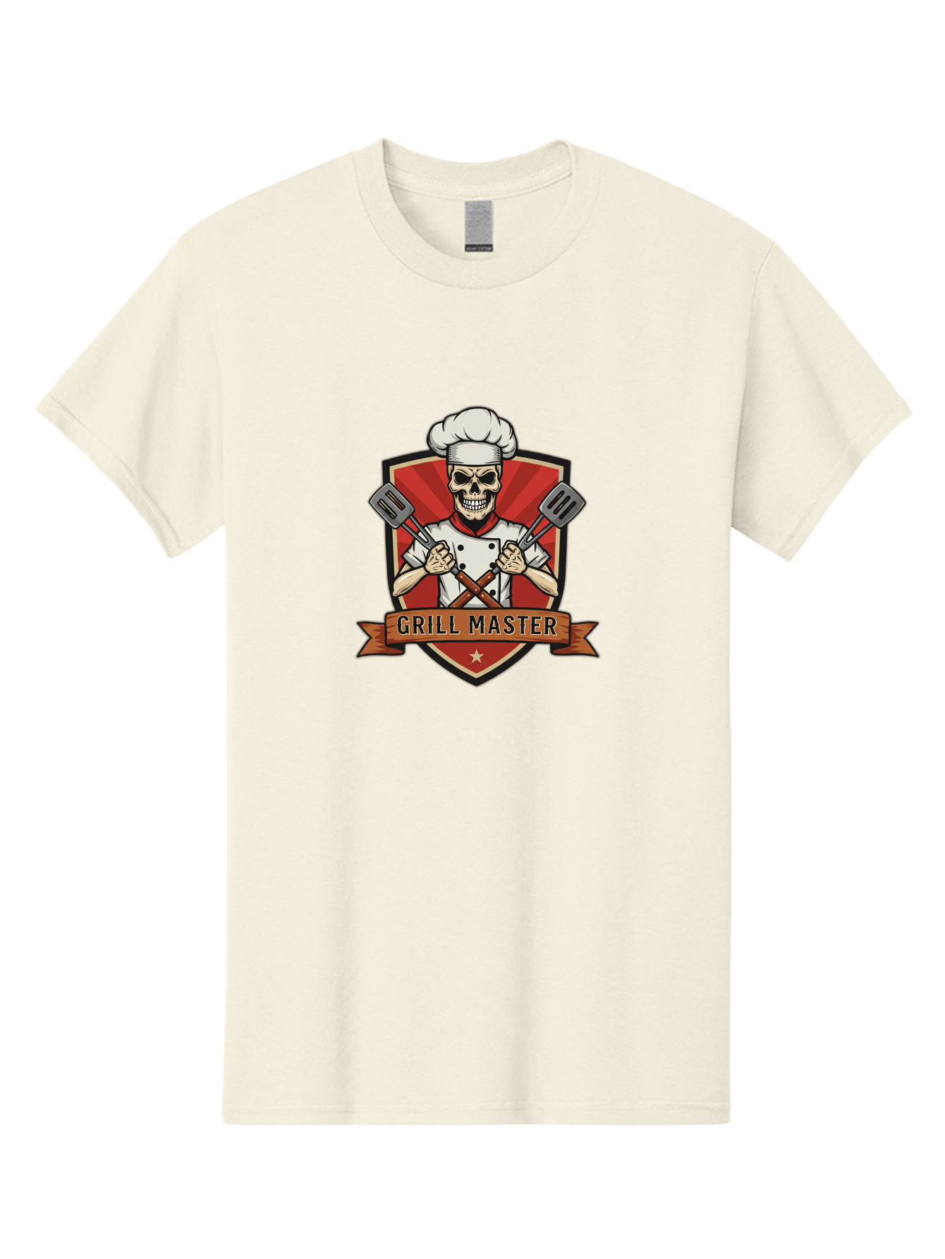 Grill-Master-1 Men'S Graphic Tee, 100% Cotton, Comfortable Casual Summer Wear, Machine Washable, Skull Chef, Grill Master Logo, Chef Hat, Crossed Spatulas, Red Shield, Cooking Theme, Kitchen Design, Chef Uniform, Skeleton Chef Bac010