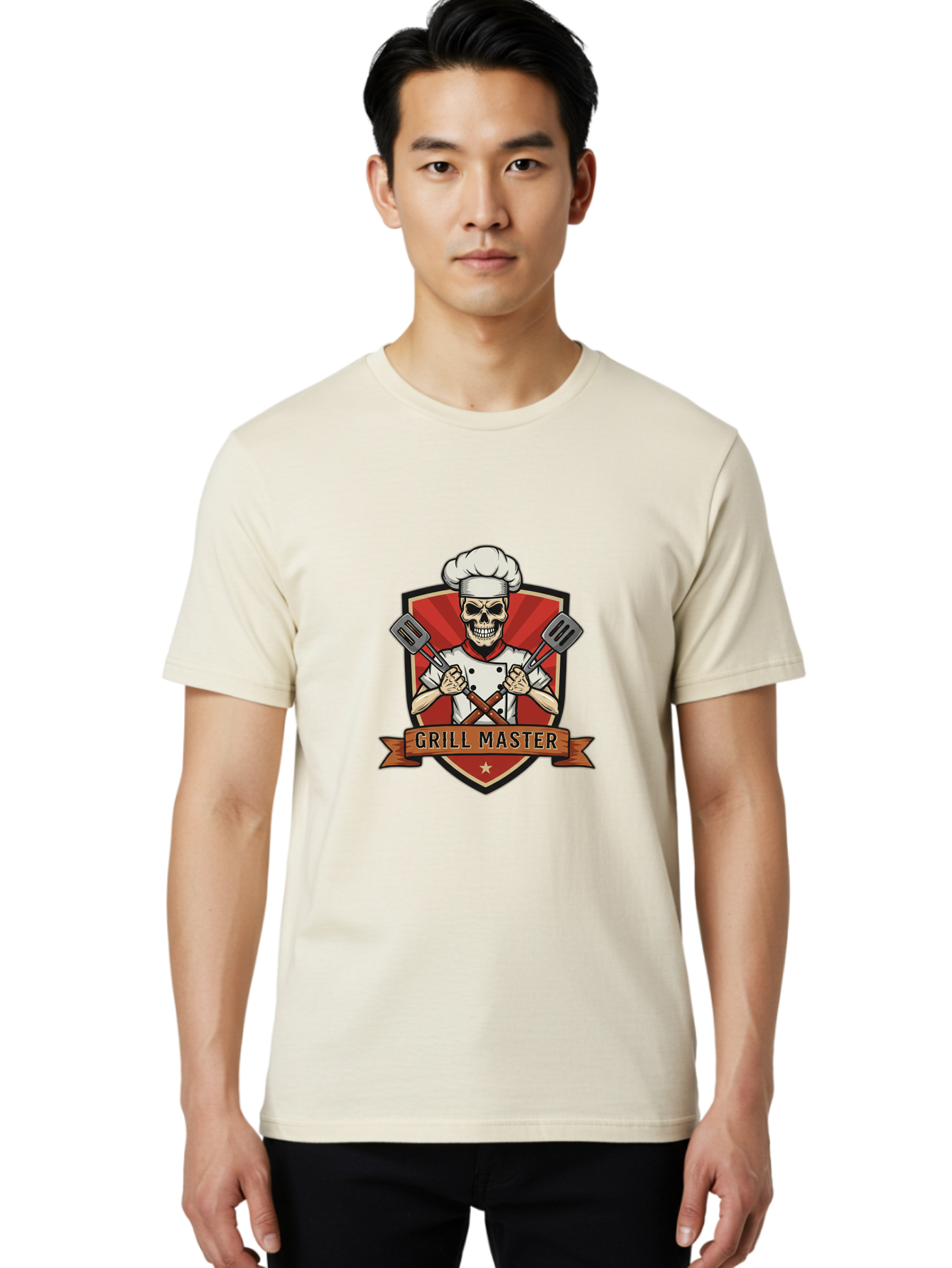Grill-Master-1 Men'S Graphic Tee, 100% Cotton, Comfortable Casual Summer Wear, Machine Washable, Skull Chef, Grill Master Logo, Chef Hat, Crossed Spatulas, Red Shield, Cooking Theme, Kitchen Design, Chef Uniform, Skeleton Chef Bac010