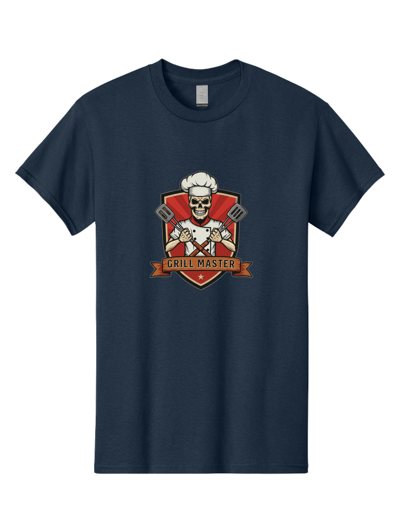 Grill-Master-1 Men'S Graphic Tee, 100% Cotton, Comfortable Casual Summer Wear, Machine Washable, Skull Chef, Grill Master Logo, Chef Hat, Crossed Spatulas, Red Shield, Cooking Theme, Kitchen Design, Chef Uniform, Skeleton Chef Bac010