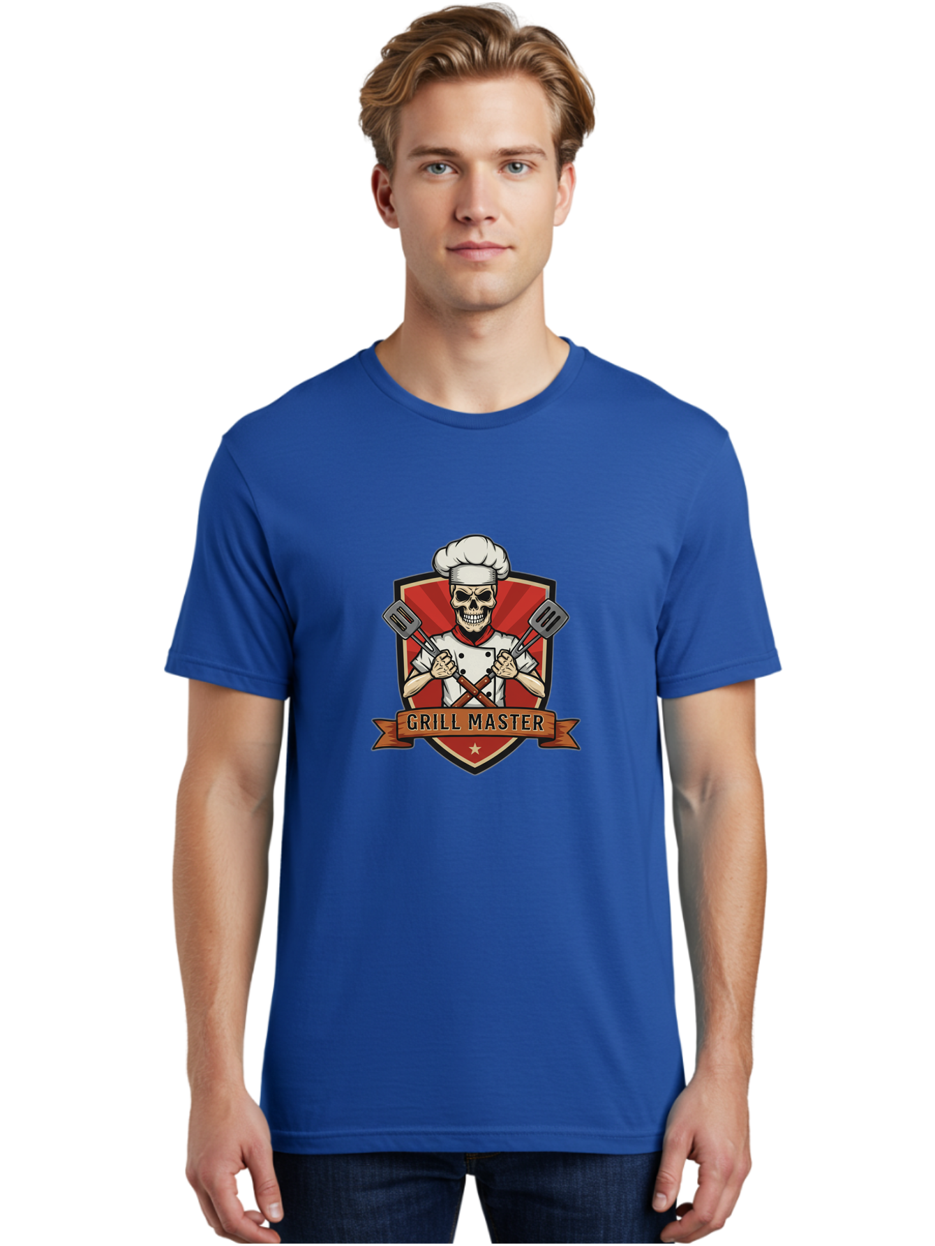 Grill-Master-1 Men'S Graphic Tee, 100% Cotton, Comfortable Casual Summer Wear, Machine Washable, Skull Chef, Grill Master Logo, Chef Hat, Crossed Spatulas, Red Shield, Cooking Theme, Kitchen Design, Chef Uniform, Skeleton Chef Bac010
