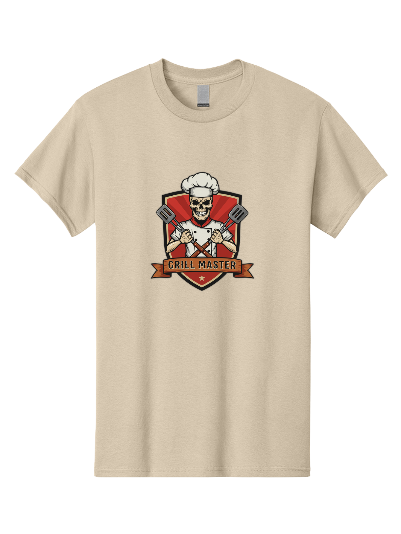 Grill-Master-1 Men'S Graphic Tee, 100% Cotton, Comfortable Casual Summer Wear, Machine Washable, Skull Chef, Grill Master Logo, Chef Hat, Crossed Spatulas, Red Shield, Cooking Theme, Kitchen Design, Chef Uniform, Skeleton Chef Bac010