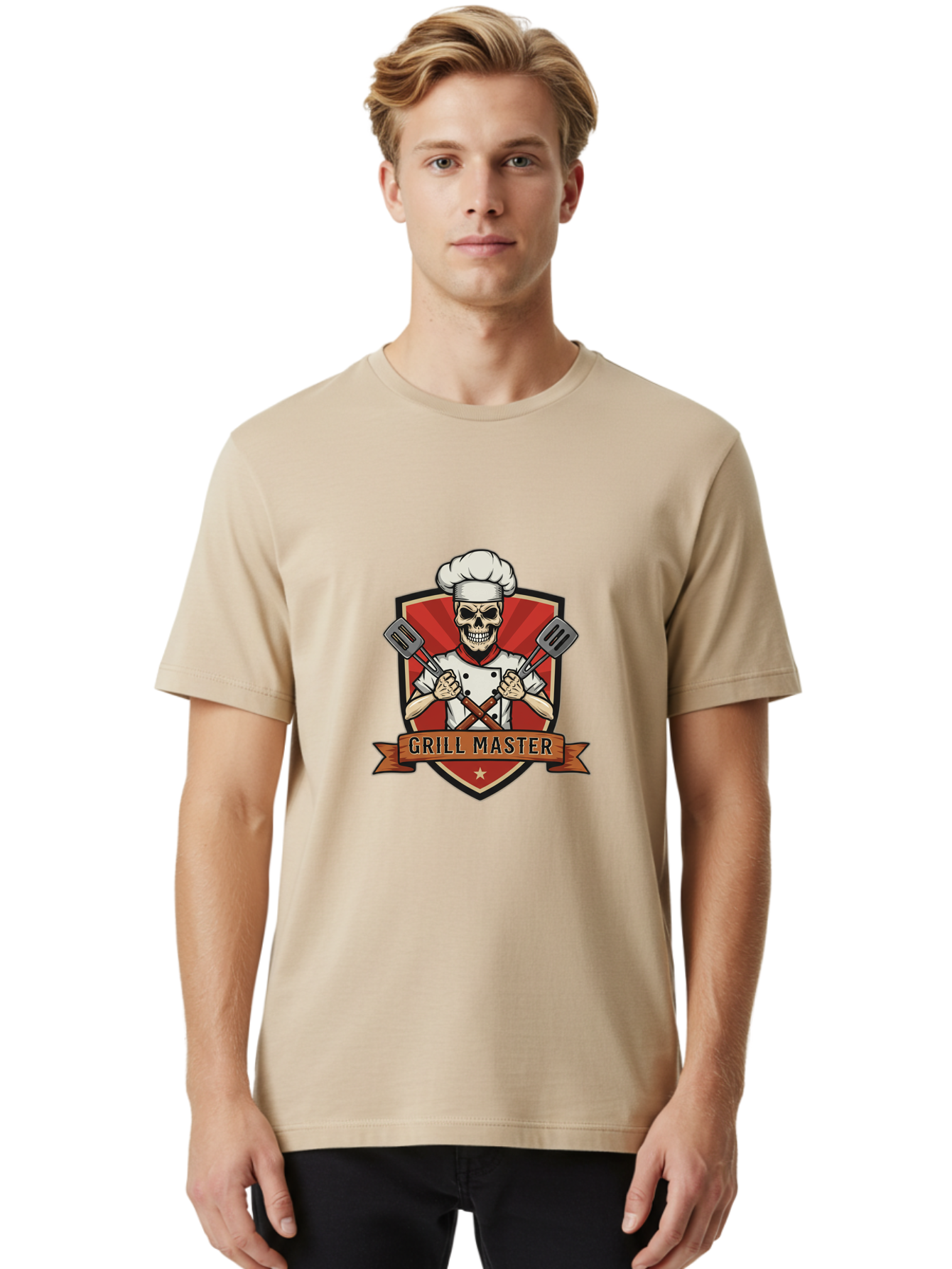 Grill-Master-1 Men'S Graphic Tee, 100% Cotton, Comfortable Casual Summer Wear, Machine Washable, Skull Chef, Grill Master Logo, Chef Hat, Crossed Spatulas, Red Shield, Cooking Theme, Kitchen Design, Chef Uniform, Skeleton Chef Bac010
