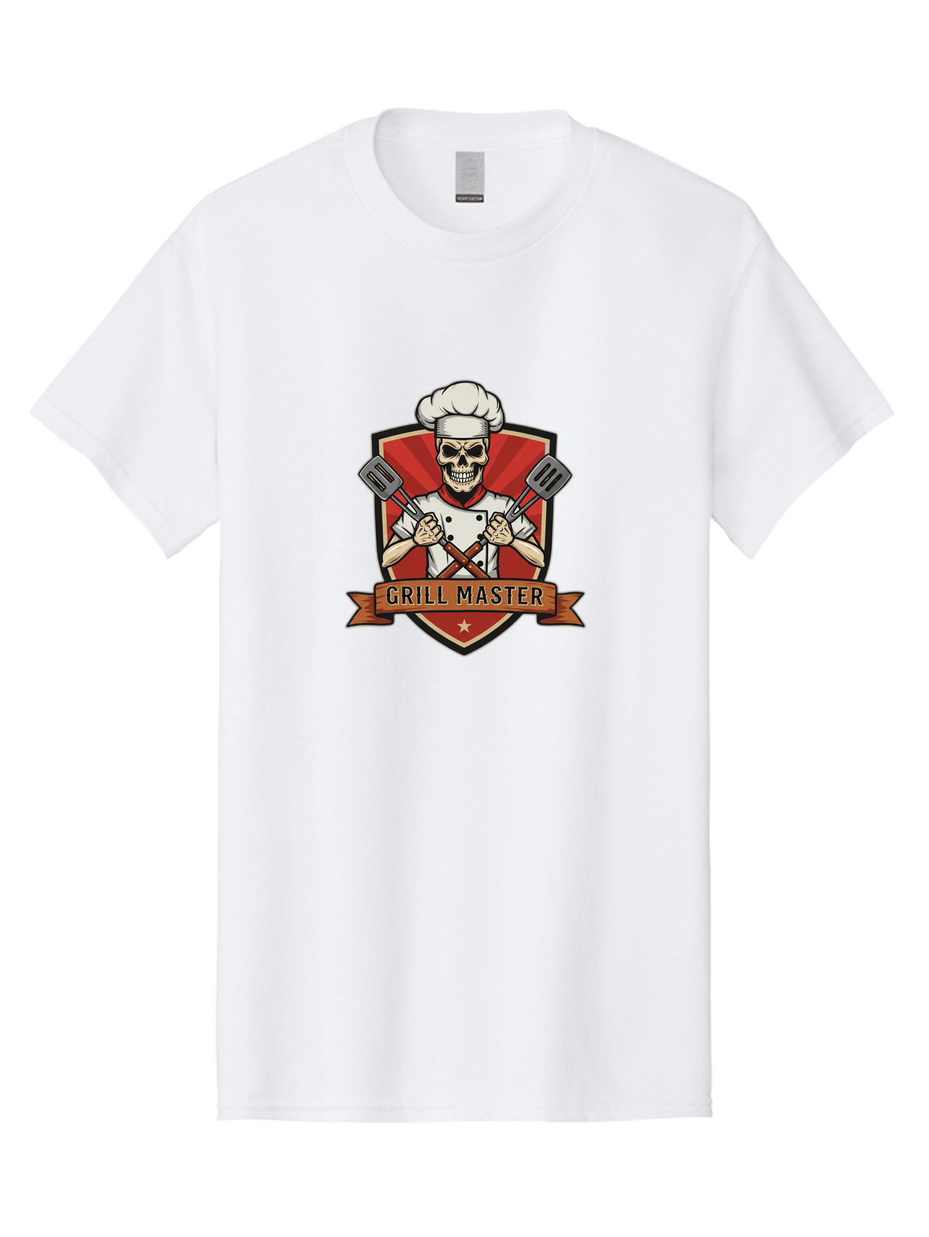 Grill-Master-1 Men'S Graphic Tee, 100% Cotton, Comfortable Casual Summer Wear, Machine Washable, Skull Chef, Grill Master Logo, Chef Hat, Crossed Spatulas, Red Shield, Cooking Theme, Kitchen Design, Chef Uniform, Skeleton Chef Bac010