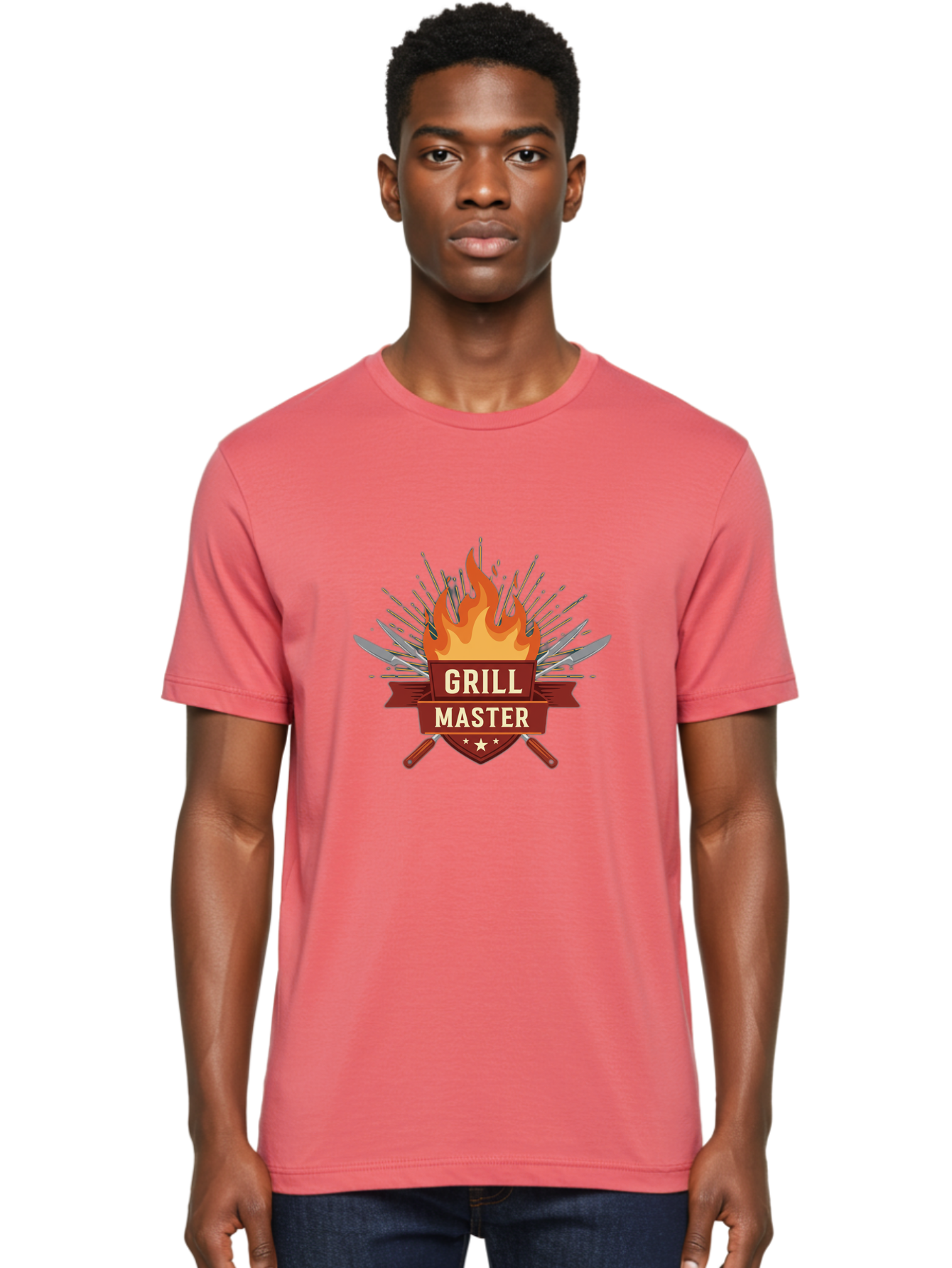 Grill-Master-2 Men'S Graphic Tee, 100% Cotton, Comfortable Casual Summer Wear, Machine Washable, Grill Master Logo, Kitchen Utensils, Chef Knives, Flame Design, Cooking Emblem, Culinary Arts, Barbecue Symbol, Cooking Flames, Chef Badge Bac011