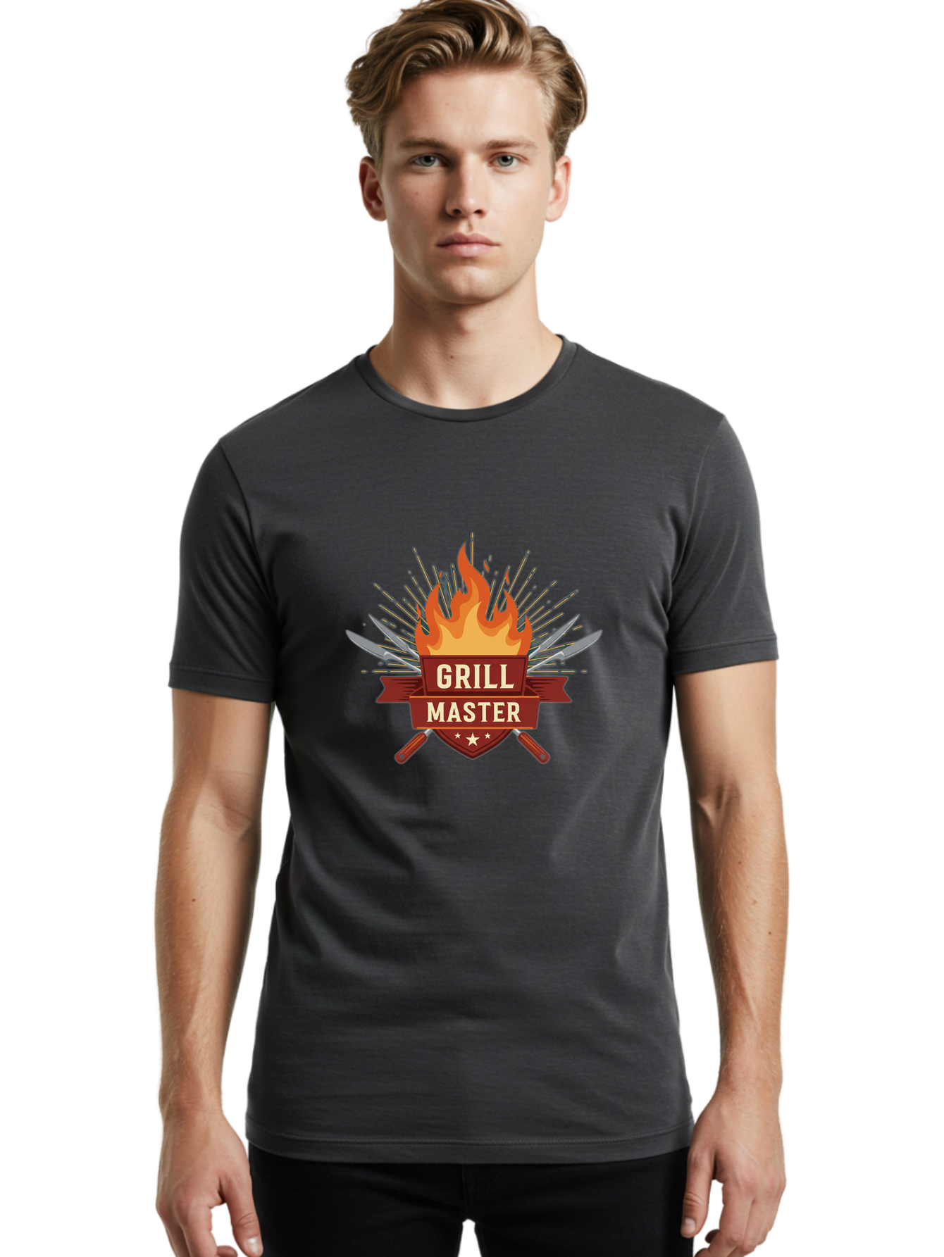 Grill-Master-2 Men'S Graphic Tee, 100% Cotton, Comfortable Casual Summer Wear, Machine Washable, Grill Master Logo, Kitchen Utensils, Chef Knives, Flame Design, Cooking Emblem, Culinary Arts, Barbecue Symbol, Cooking Flames, Chef Badge Bac011