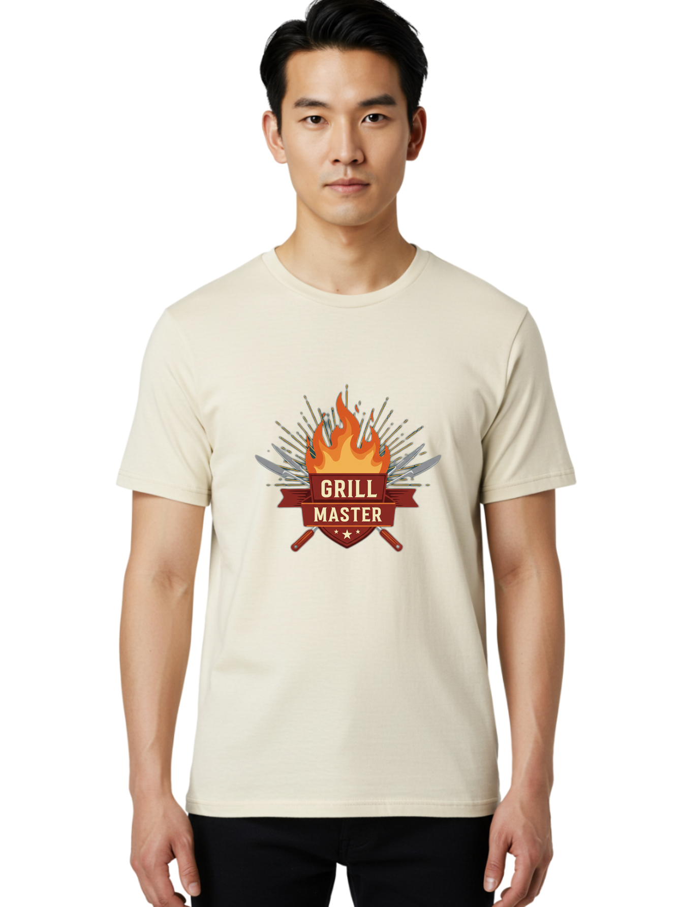 Grill-Master-2 Men'S Graphic Tee, 100% Cotton, Comfortable Casual Summer Wear, Machine Washable, Grill Master Logo, Kitchen Utensils, Chef Knives, Flame Design, Cooking Emblem, Culinary Arts, Barbecue Symbol, Cooking Flames, Chef Badge Bac011