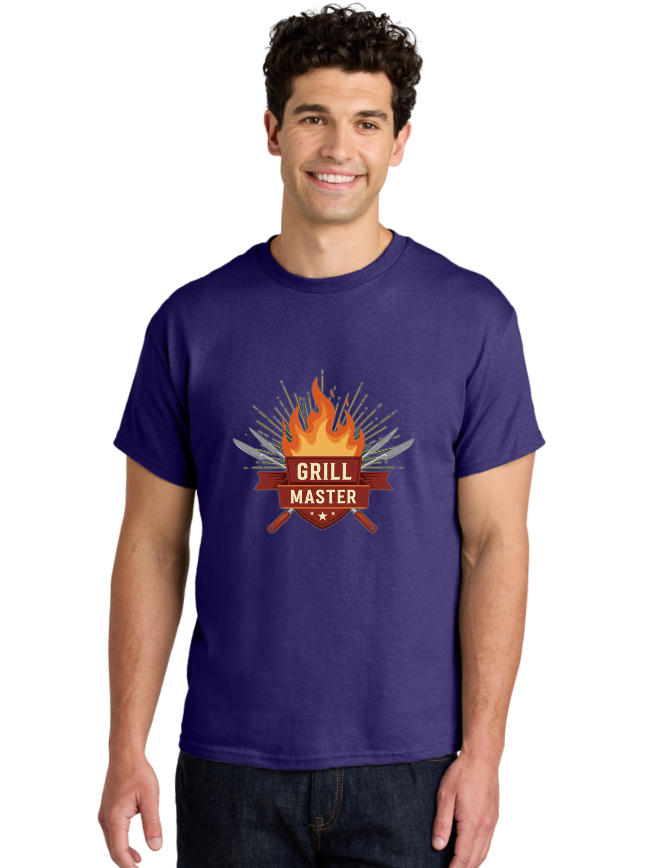 Grill-Master-2 Men'S Graphic Tee, 100% Cotton, Comfortable Casual Summer Wear, Machine Washable, Grill Master Logo, Kitchen Utensils, Chef Knives, Flame Design, Cooking Emblem, Culinary Arts, Barbecue Symbol, Cooking Flames, Chef Badge Bac011