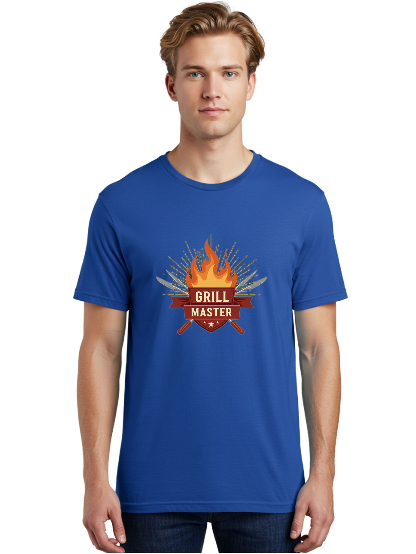 Grill-Master-2 Men'S Graphic Tee, 100% Cotton, Comfortable Casual Summer Wear, Machine Washable, Grill Master Logo, Kitchen Utensils, Chef Knives, Flame Design, Cooking Emblem, Culinary Arts, Barbecue Symbol, Cooking Flames, Chef Badge Bac011