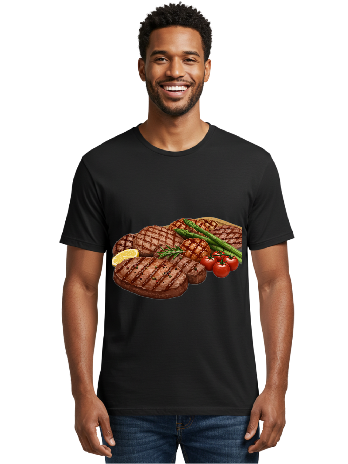 Grilled-Steak-Dinner Men'S Graphic Tee, 100% Cotton, Comfortable Casual Summer Wear, Machine Washable, Grilled Steaks, Steak Dinner, Barbecue, Grilled Vegetables, Asparagus, Tomatoes, Rosemary, Lemon, Savory Flavors, Gourmet Cuisine, Bac016
