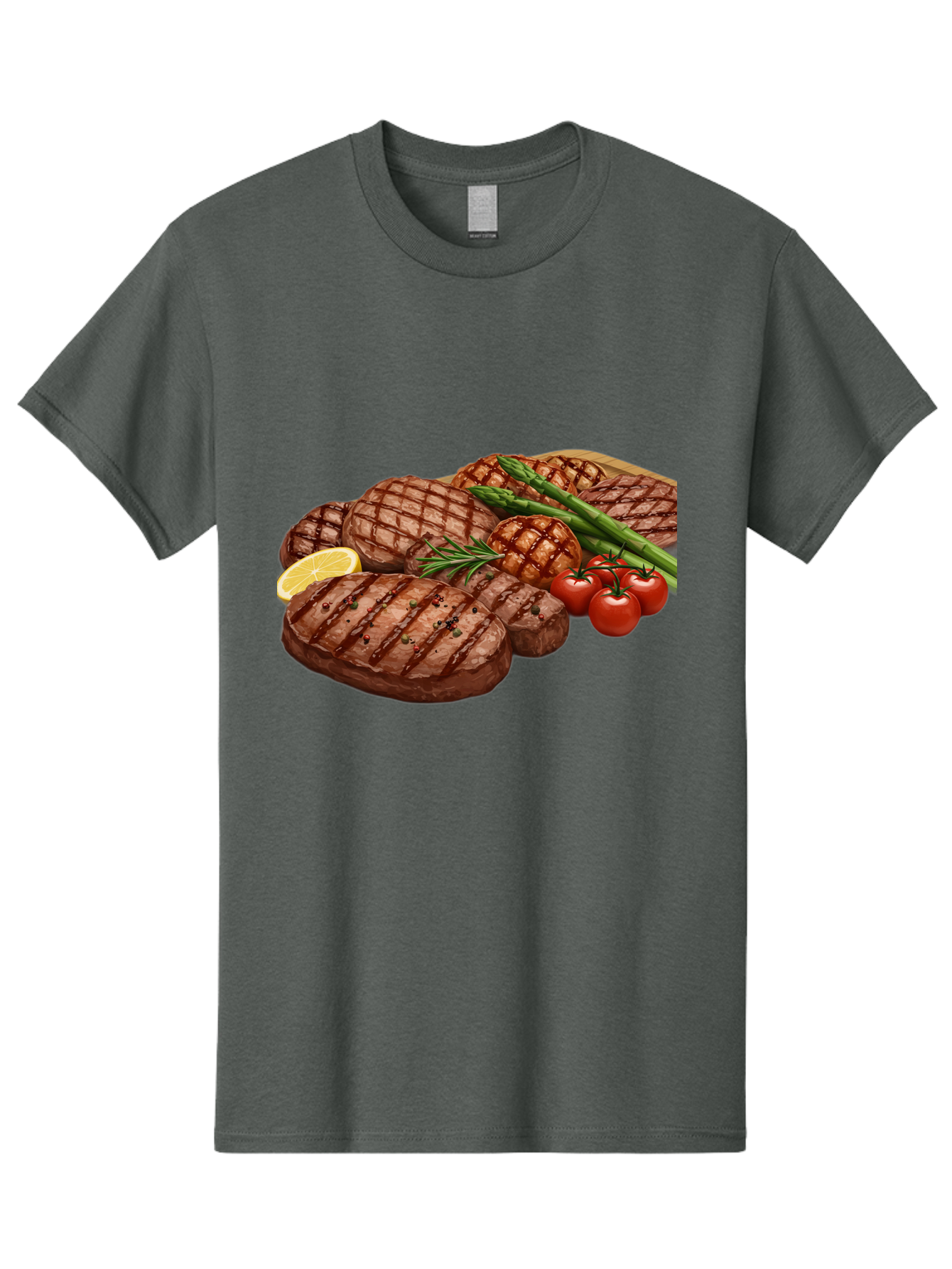 Grilled-Steak-Dinner Men'S Graphic Tee, 100% Cotton, Comfortable Casual Summer Wear, Machine Washable, Grilled Steaks, Steak Dinner, Barbecue, Grilled Vegetables, Asparagus, Tomatoes, Rosemary, Lemon, Savory Flavors, Gourmet Cuisine, Bac016