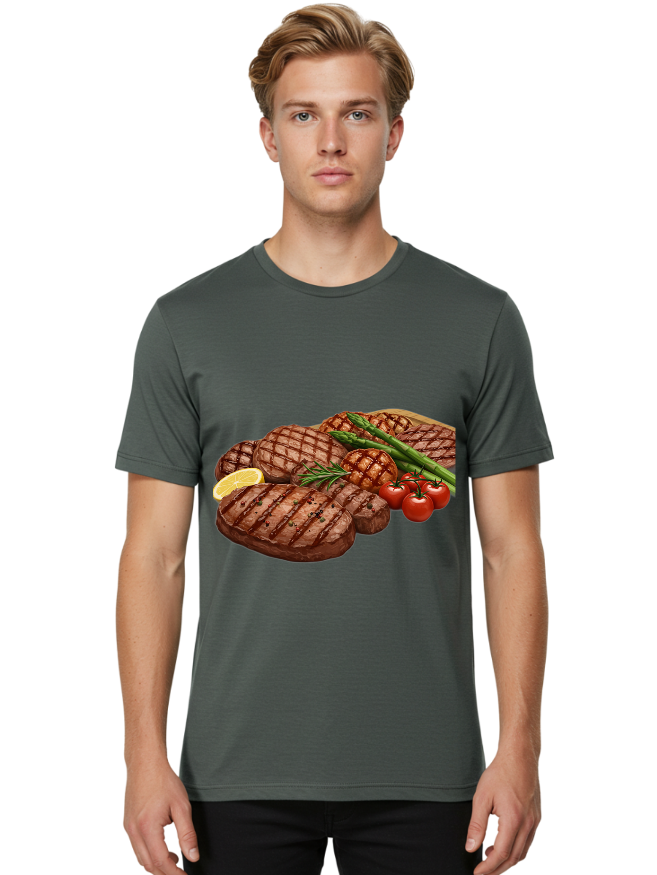 Grilled-Steak-Dinner Men'S Graphic Tee, 100% Cotton, Comfortable Casual Summer Wear, Machine Washable, Grilled Steaks, Steak Dinner, Barbecue, Grilled Vegetables, Asparagus, Tomatoes, Rosemary, Lemon, Savory Flavors, Gourmet Cuisine, Bac016