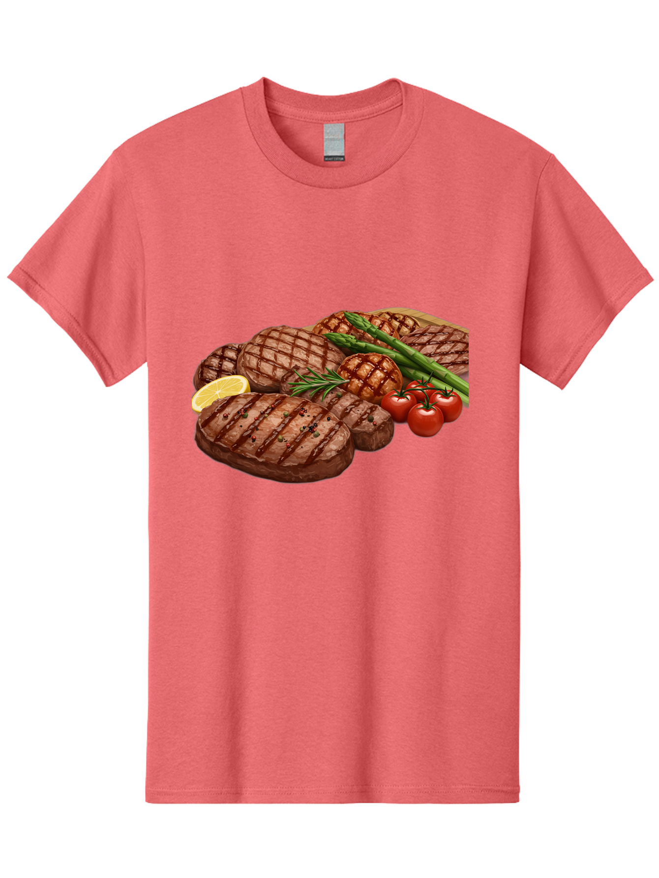 Grilled-Steak-Dinner Men'S Graphic Tee, 100% Cotton, Comfortable Casual Summer Wear, Machine Washable, Grilled Steaks, Steak Dinner, Barbecue, Grilled Vegetables, Asparagus, Tomatoes, Rosemary, Lemon, Savory Flavors, Gourmet Cuisine, Bac016