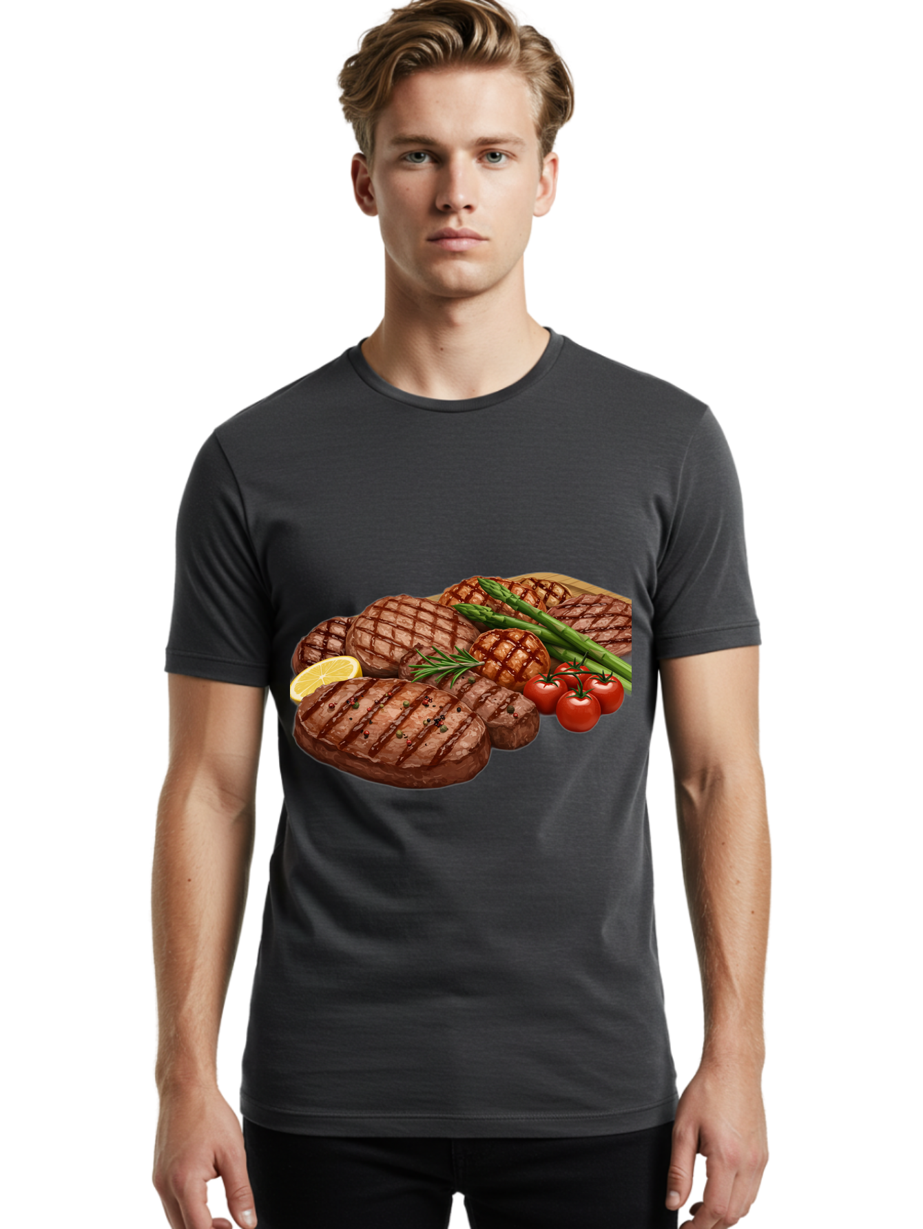 Grilled-Steak-Dinner Men'S Graphic Tee, 100% Cotton, Comfortable Casual Summer Wear, Machine Washable, Grilled Steaks, Steak Dinner, Barbecue, Grilled Vegetables, Asparagus, Tomatoes, Rosemary, Lemon, Savory Flavors, Gourmet Cuisine, Bac016