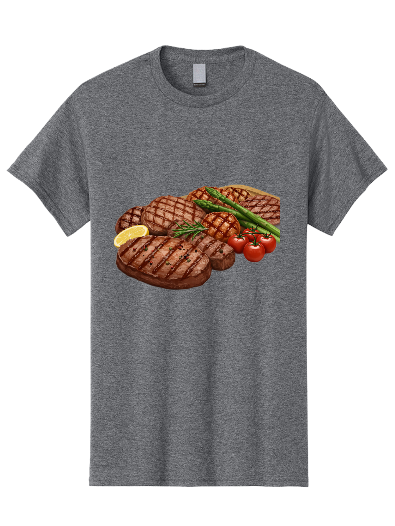 Grilled-Steak-Dinner Men'S Graphic Tee, 100% Cotton, Comfortable Casual Summer Wear, Machine Washable, Grilled Steaks, Steak Dinner, Barbecue, Grilled Vegetables, Asparagus, Tomatoes, Rosemary, Lemon, Savory Flavors, Gourmet Cuisine, Bac016