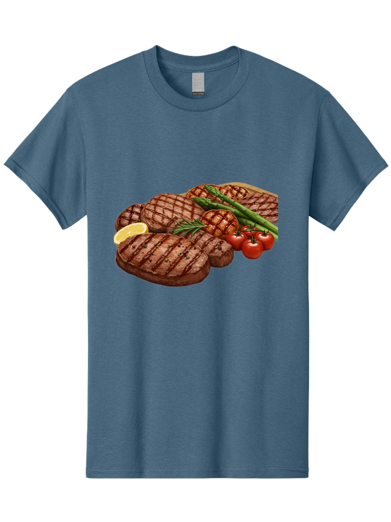 Grilled-Steak-Dinner Men'S Graphic Tee, 100% Cotton, Comfortable Casual Summer Wear, Machine Washable, Grilled Steaks, Steak Dinner, Barbecue, Grilled Vegetables, Asparagus, Tomatoes, Rosemary, Lemon, Savory Flavors, Gourmet Cuisine, Bac016