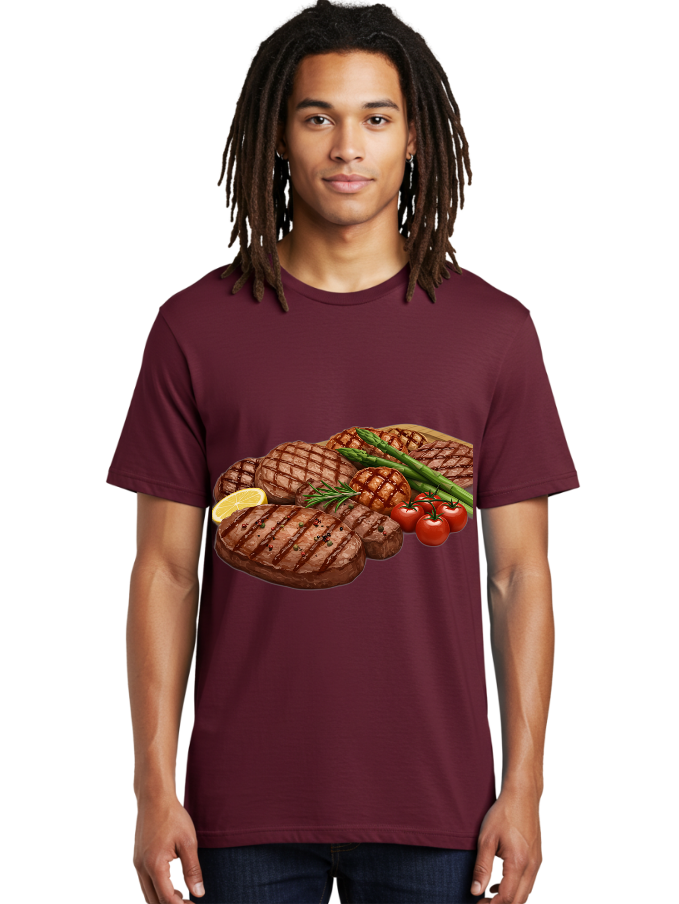 Grilled-Steak-Dinner Men'S Graphic Tee, 100% Cotton, Comfortable Casual Summer Wear, Machine Washable, Grilled Steaks, Steak Dinner, Barbecue, Grilled Vegetables, Asparagus, Tomatoes, Rosemary, Lemon, Savory Flavors, Gourmet Cuisine, Bac016
