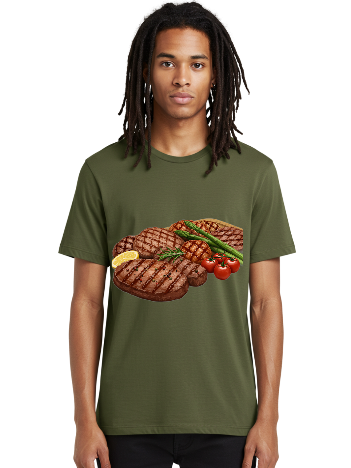 Grilled-Steak-Dinner Men'S Graphic Tee, 100% Cotton, Comfortable Casual Summer Wear, Machine Washable, Grilled Steaks, Steak Dinner, Barbecue, Grilled Vegetables, Asparagus, Tomatoes, Rosemary, Lemon, Savory Flavors, Gourmet Cuisine, Bac016