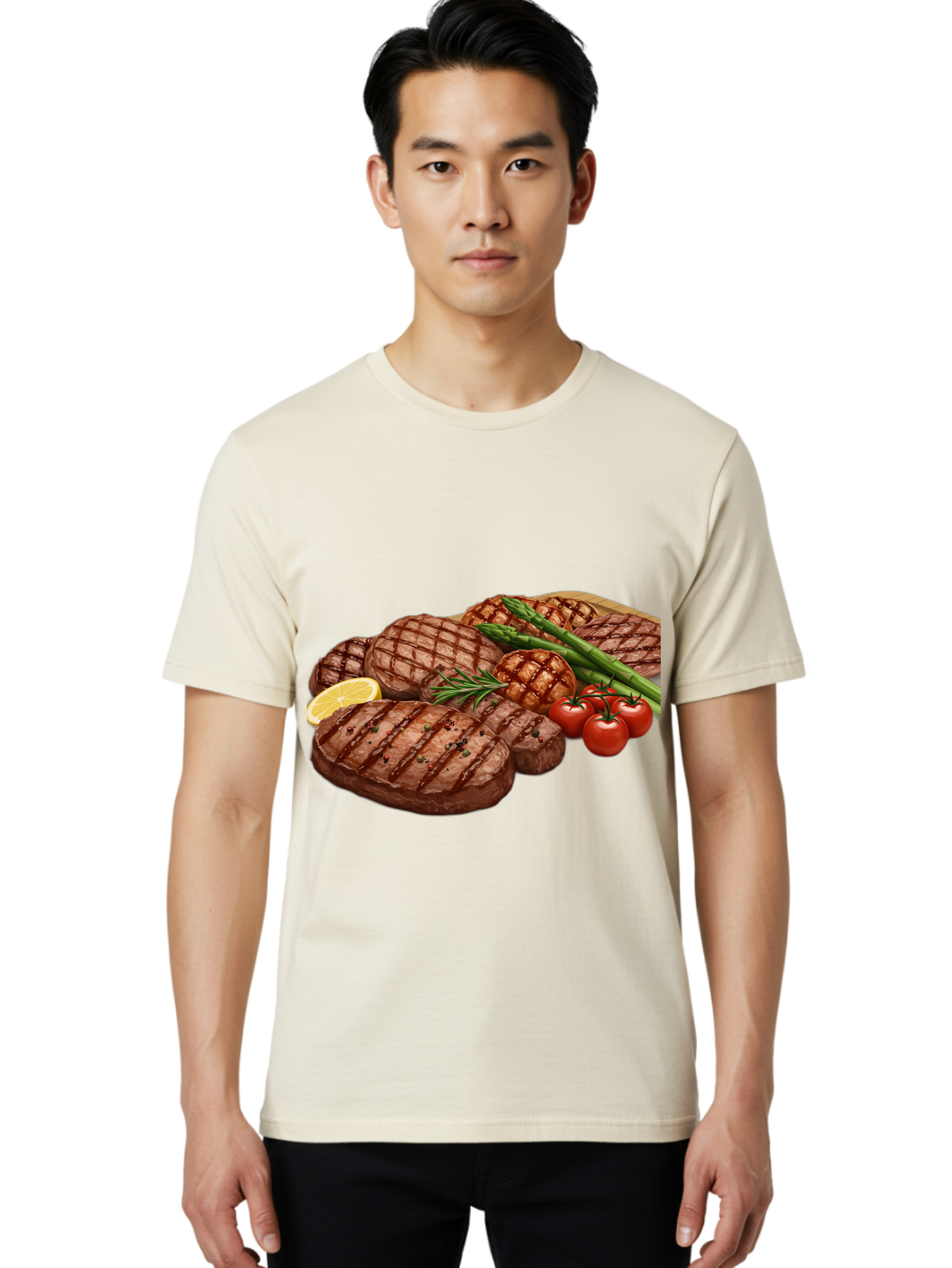 Grilled-Steak-Dinner Men'S Graphic Tee, 100% Cotton, Comfortable Casual Summer Wear, Machine Washable, Grilled Steaks, Steak Dinner, Barbecue, Grilled Vegetables, Asparagus, Tomatoes, Rosemary, Lemon, Savory Flavors, Gourmet Cuisine, Bac016
