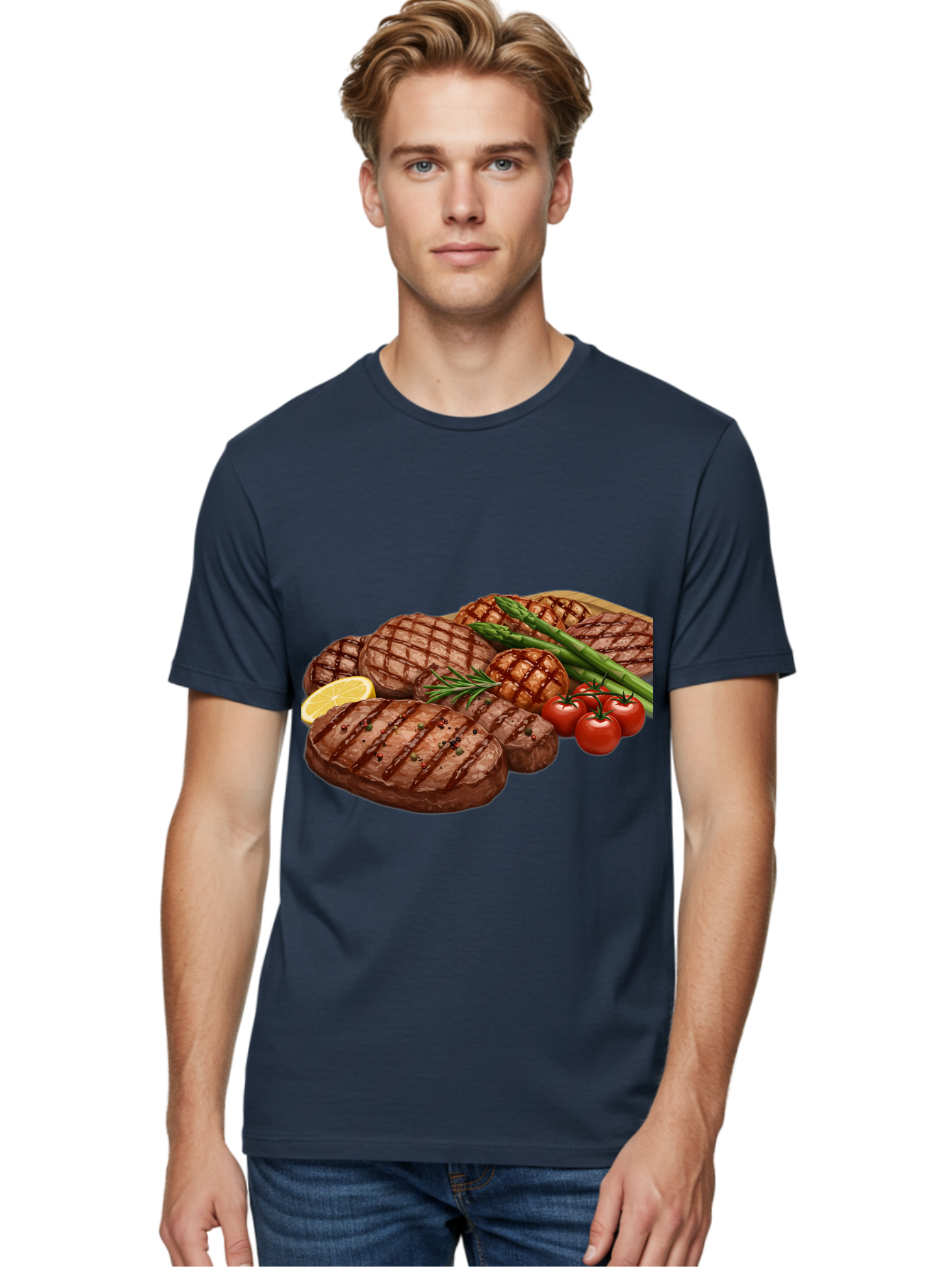 Grilled-Steak-Dinner Men'S Graphic Tee, 100% Cotton, Comfortable Casual Summer Wear, Machine Washable, Grilled Steaks, Steak Dinner, Barbecue, Grilled Vegetables, Asparagus, Tomatoes, Rosemary, Lemon, Savory Flavors, Gourmet Cuisine, Bac016