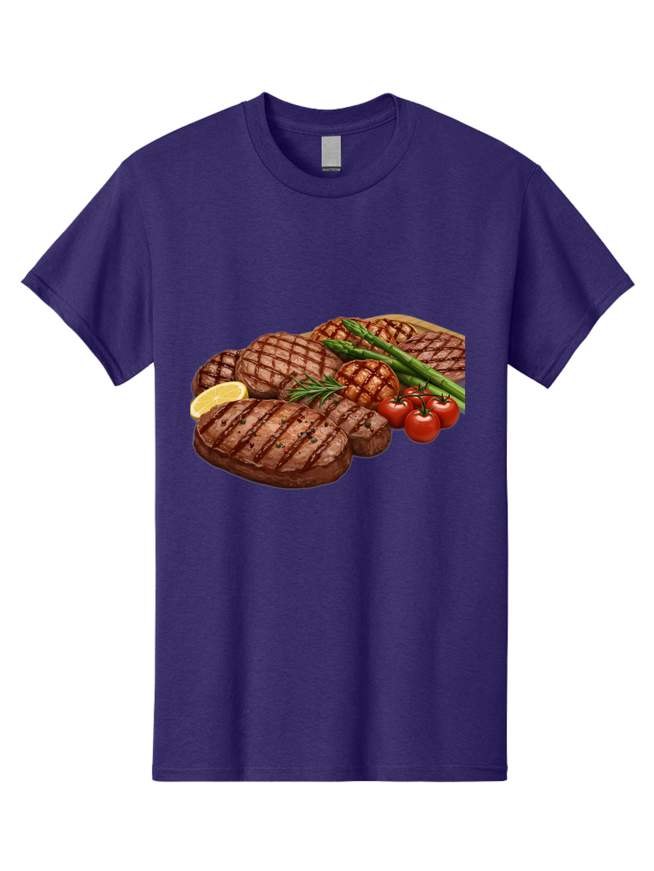 Grilled-Steak-Dinner Men'S Graphic Tee, 100% Cotton, Comfortable Casual Summer Wear, Machine Washable, Grilled Steaks, Steak Dinner, Barbecue, Grilled Vegetables, Asparagus, Tomatoes, Rosemary, Lemon, Savory Flavors, Gourmet Cuisine, Bac016