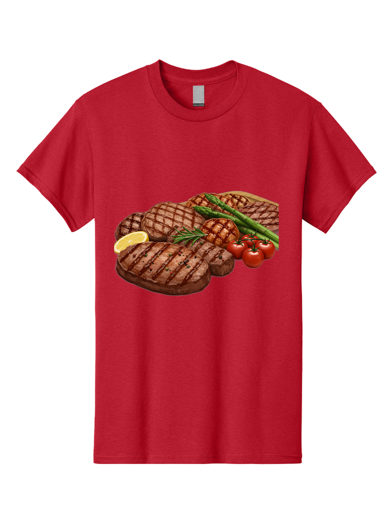Grilled-Steak-Dinner Men'S Graphic Tee, 100% Cotton, Comfortable Casual Summer Wear, Machine Washable, Grilled Steaks, Steak Dinner, Barbecue, Grilled Vegetables, Asparagus, Tomatoes, Rosemary, Lemon, Savory Flavors, Gourmet Cuisine, Bac016