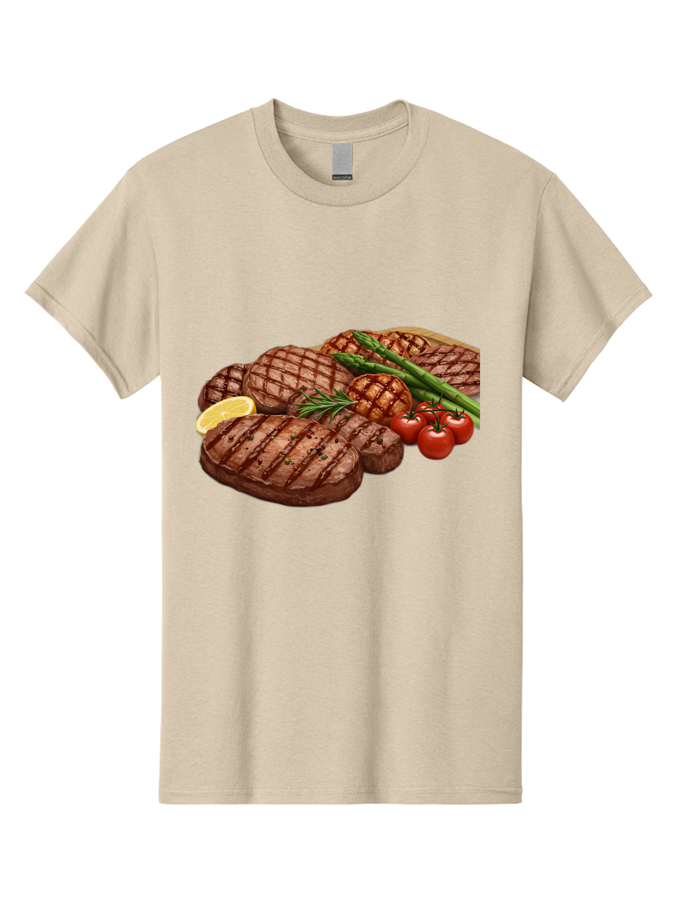 Grilled-Steak-Dinner Men'S Graphic Tee, 100% Cotton, Comfortable Casual Summer Wear, Machine Washable, Grilled Steaks, Steak Dinner, Barbecue, Grilled Vegetables, Asparagus, Tomatoes, Rosemary, Lemon, Savory Flavors, Gourmet Cuisine, Bac016