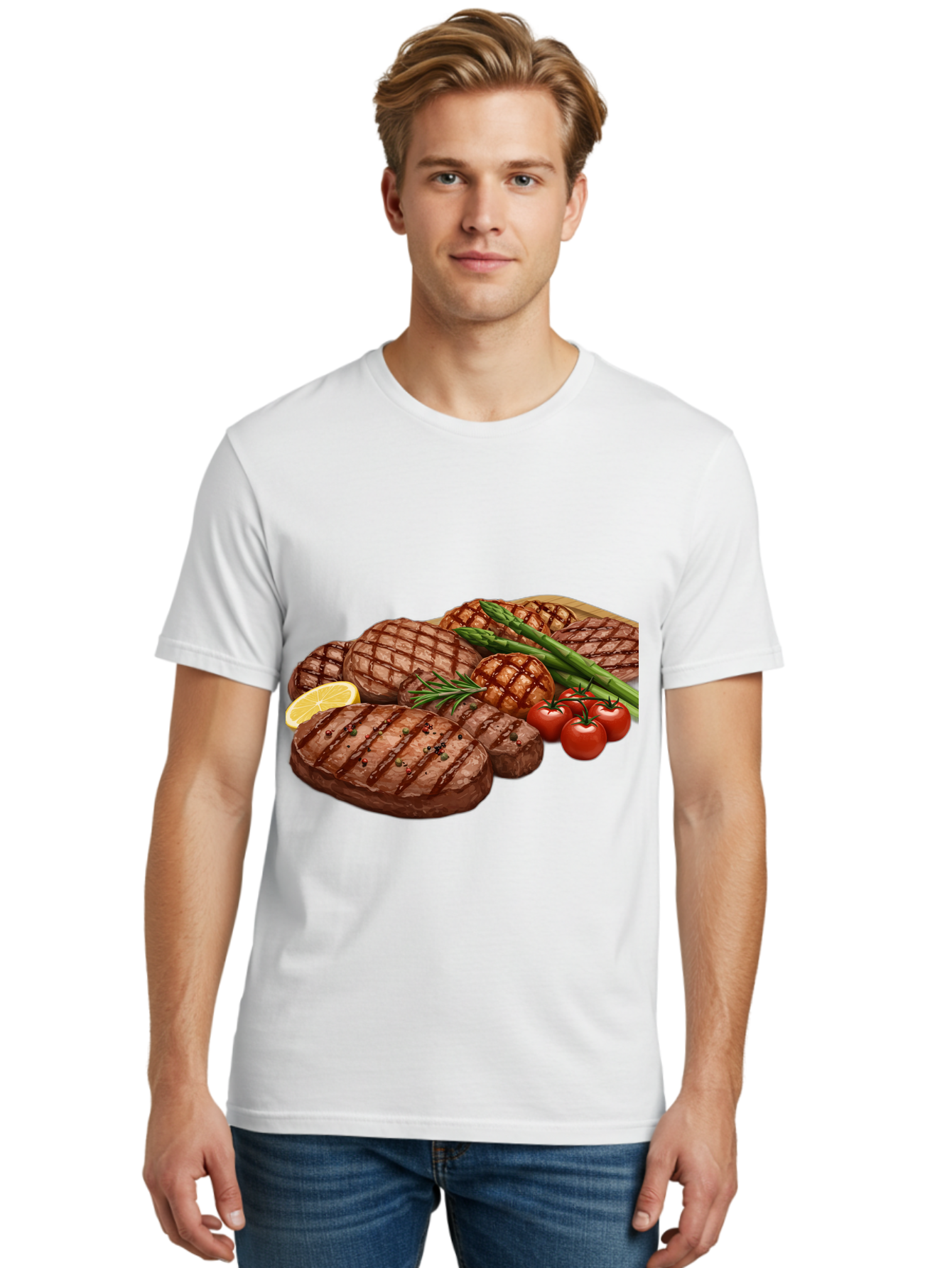 Grilled-Steak-Dinner Men'S Graphic Tee, 100% Cotton, Comfortable Casual Summer Wear, Machine Washable, Grilled Steaks, Steak Dinner, Barbecue, Grilled Vegetables, Asparagus, Tomatoes, Rosemary, Lemon, Savory Flavors, Gourmet Cuisine, Bac016