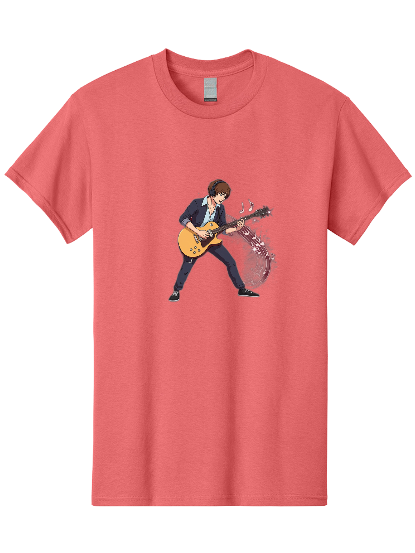 Guitarist Men'S Graphic Tee, 100% Cotton, Comfortable Casual Summer Wear, Machine Washable, Electric Guitar Player, Rock Music, Guitar Solo, Music Notes, Musical Instrument, Brown Hair, Dark Clothing, Cartoon Style, Dynamic Pose, Bac018