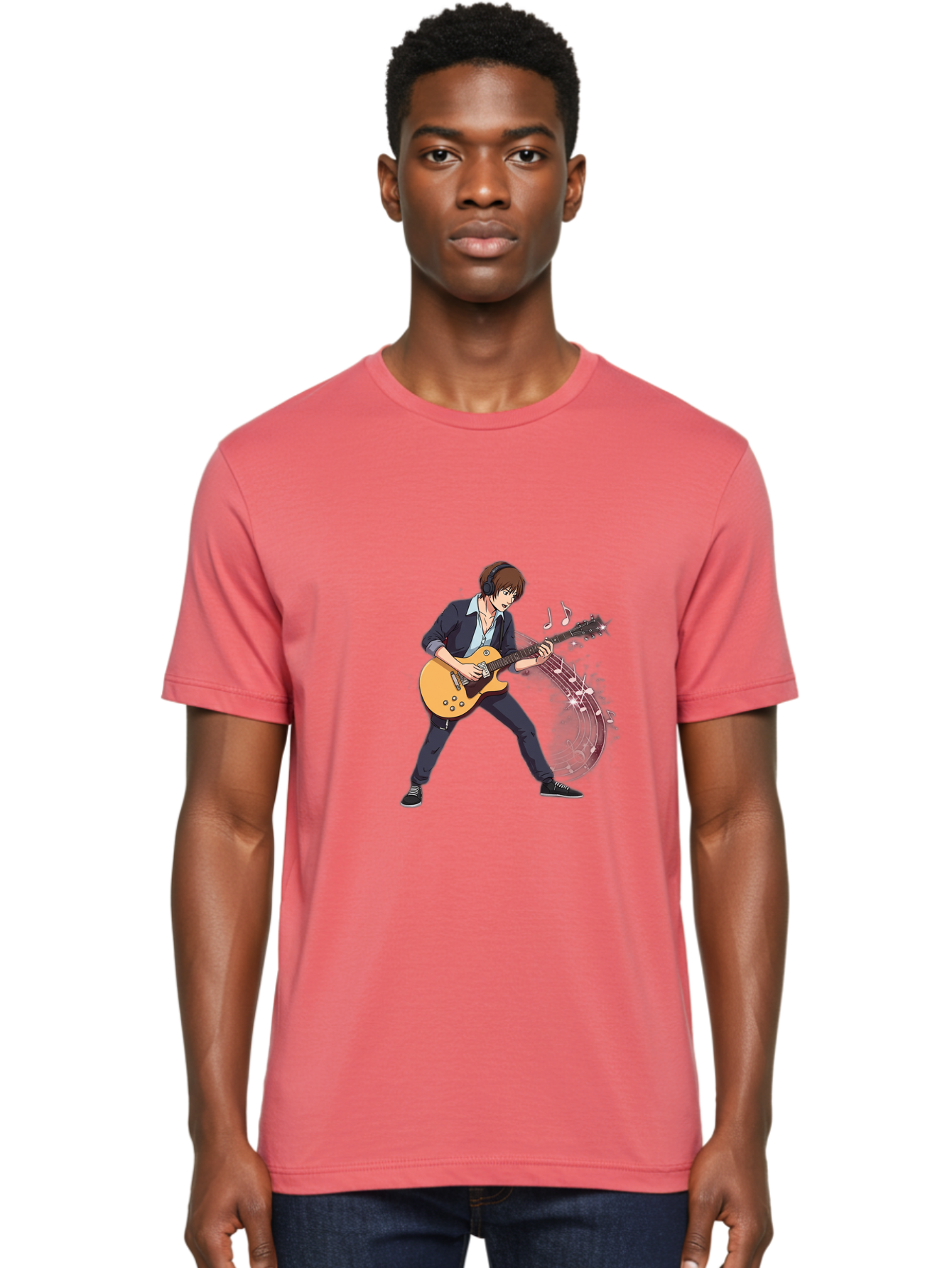 Guitarist Men'S Graphic Tee, 100% Cotton, Comfortable Casual Summer Wear, Machine Washable, Electric Guitar Player, Rock Music, Guitar Solo, Music Notes, Musical Instrument, Brown Hair, Dark Clothing, Cartoon Style, Dynamic Pose, Bac018