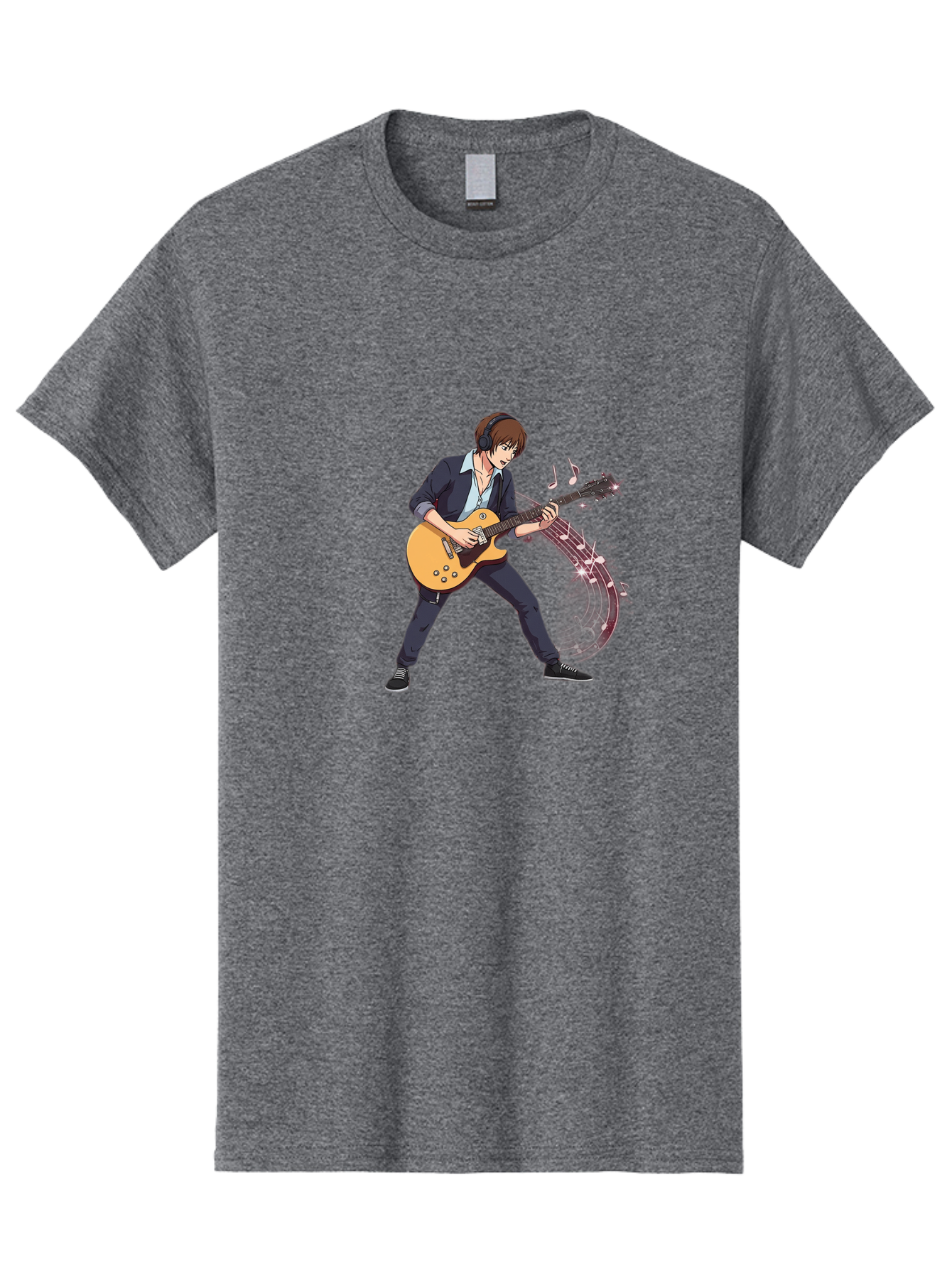 Guitarist Men'S Graphic Tee, 100% Cotton, Comfortable Casual Summer Wear, Machine Washable, Electric Guitar Player, Rock Music, Guitar Solo, Music Notes, Musical Instrument, Brown Hair, Dark Clothing, Cartoon Style, Dynamic Pose, Bac018