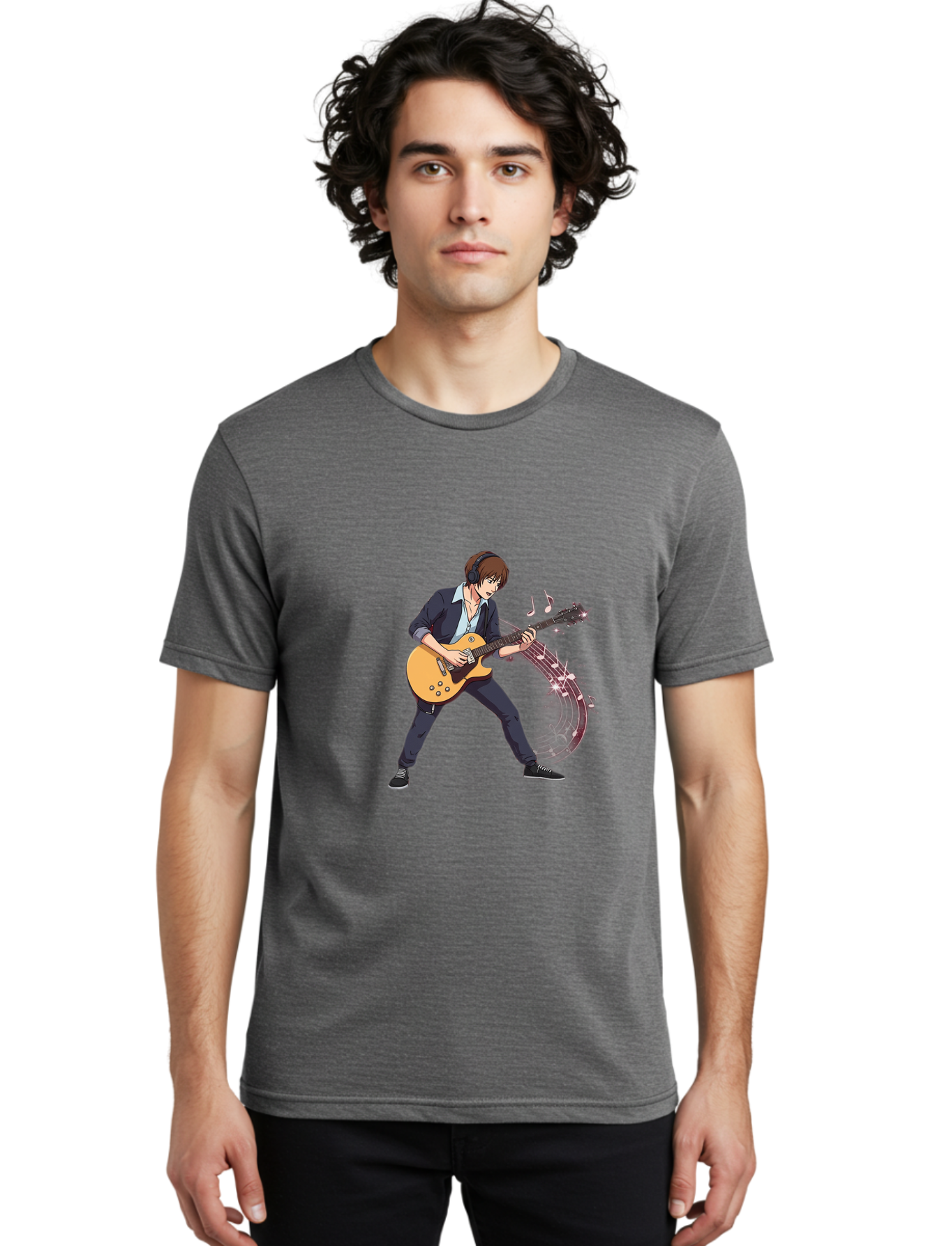 Guitarist Men'S Graphic Tee, 100% Cotton, Comfortable Casual Summer Wear, Machine Washable, Electric Guitar Player, Rock Music, Guitar Solo, Music Notes, Musical Instrument, Brown Hair, Dark Clothing, Cartoon Style, Dynamic Pose, Bac018