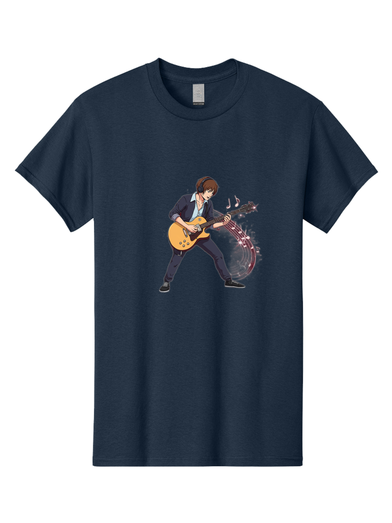 Guitarist Men'S Graphic Tee, 100% Cotton, Comfortable Casual Summer Wear, Machine Washable, Electric Guitar Player, Rock Music, Guitar Solo, Music Notes, Musical Instrument, Brown Hair, Dark Clothing, Cartoon Style, Dynamic Pose, Bac018