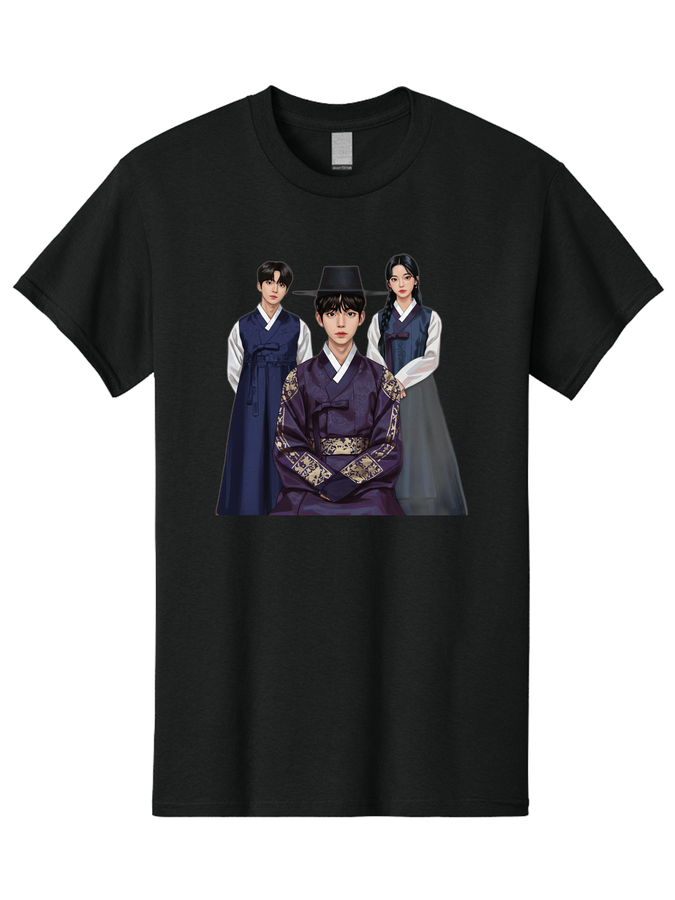 Hanbok-Trio Men'S Graphic Tee, 100% Cotton, Comfortable Casual Summer Wear, Machine Washable, Traditional Korean Clothing, Hanbok Fashion, Cultural Heritage, Korean Attire, Elegant Robes, Historical Dress, Ornate Patterns, Gold Accents, Bac019