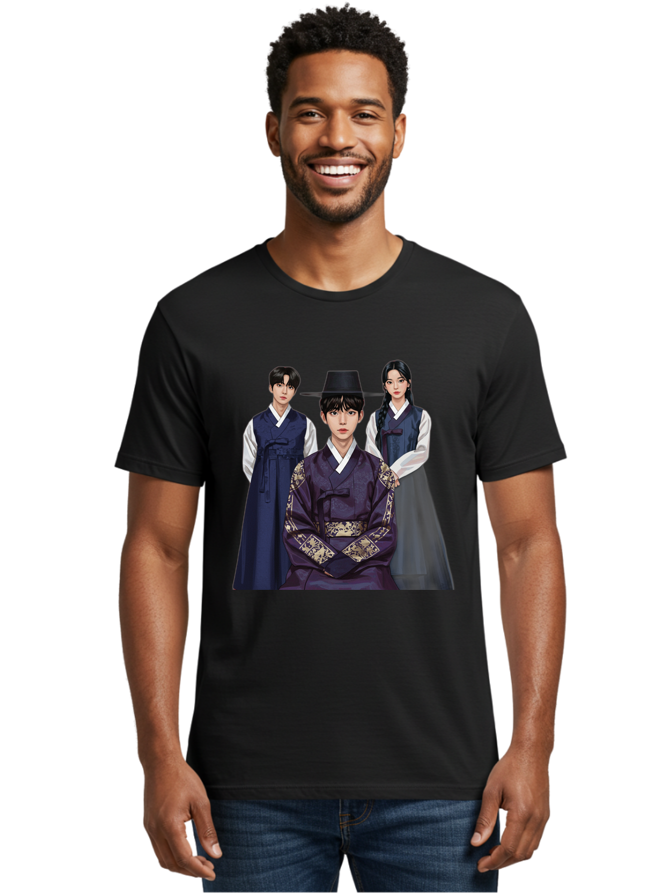 Hanbok-Trio Men'S Graphic Tee, 100% Cotton, Comfortable Casual Summer Wear, Machine Washable, Traditional Korean Clothing, Hanbok Fashion, Cultural Heritage, Korean Attire, Elegant Robes, Historical Dress, Ornate Patterns, Gold Accents, Bac019