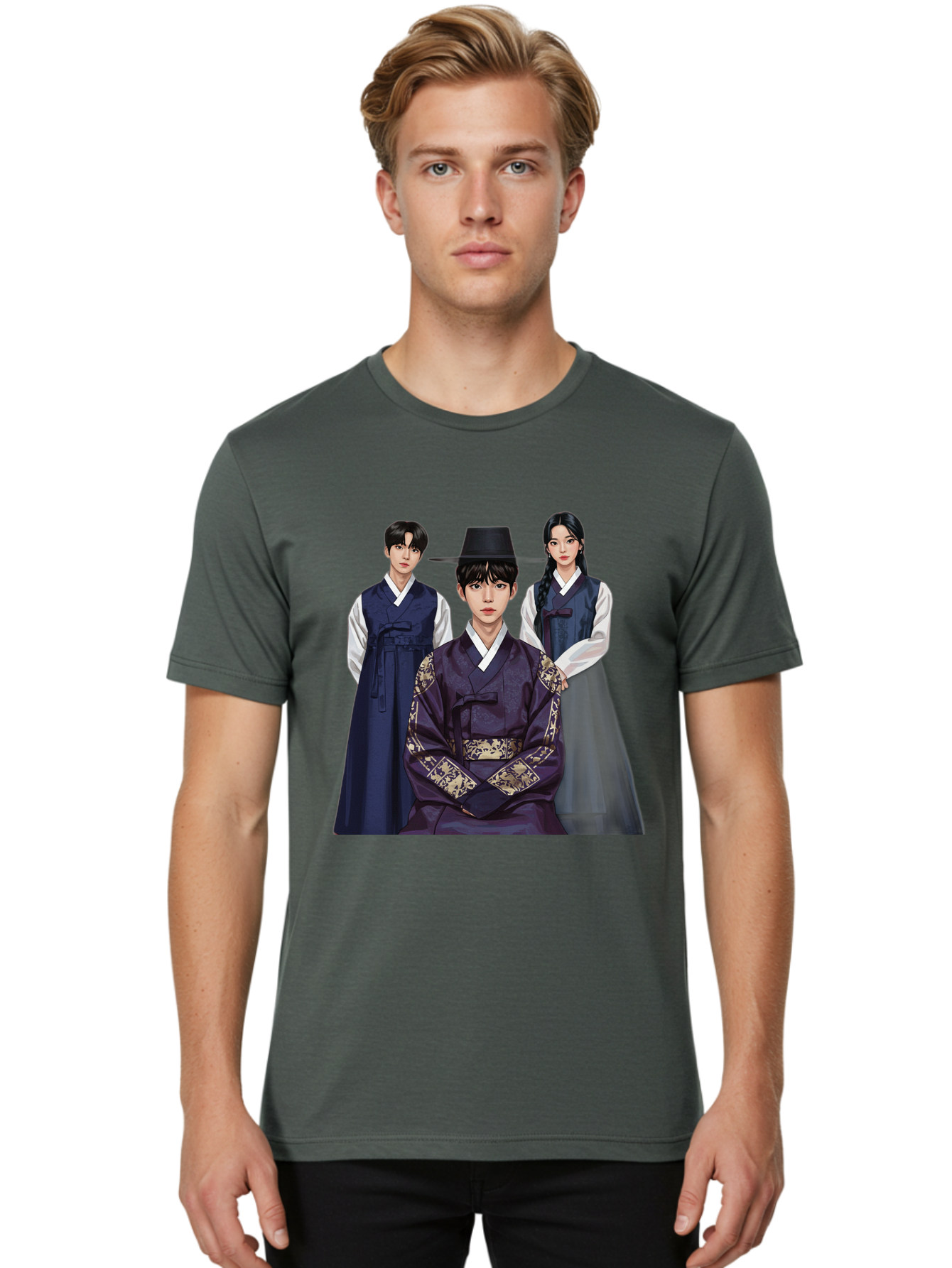 Hanbok-Trio Men'S Graphic Tee, 100% Cotton, Comfortable Casual Summer Wear, Machine Washable, Traditional Korean Clothing, Hanbok Fashion, Cultural Heritage, Korean Attire, Elegant Robes, Historical Dress, Ornate Patterns, Gold Accents, Bac019