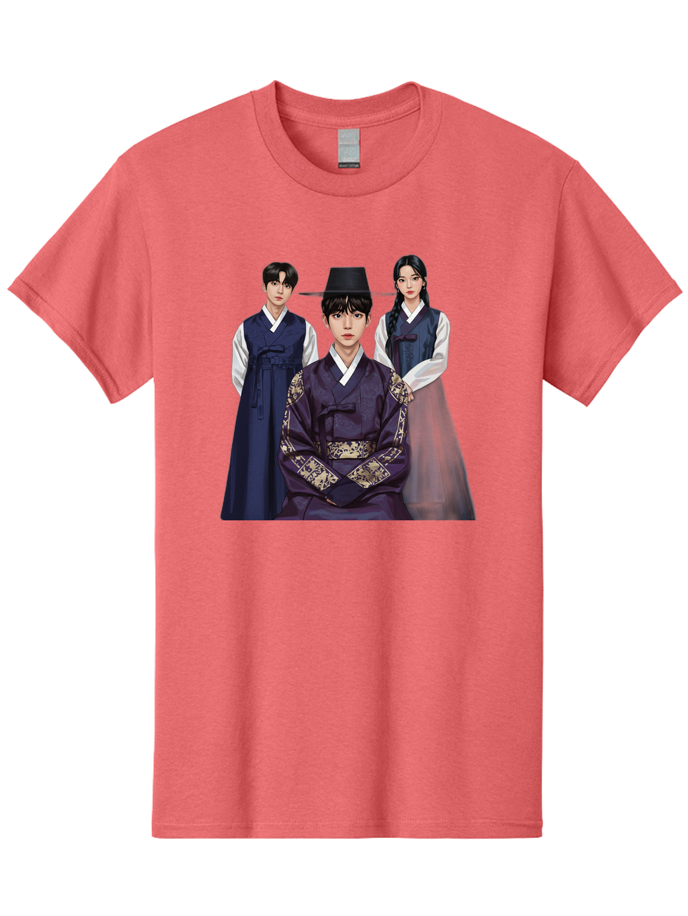 Hanbok-Trio Men'S Graphic Tee, 100% Cotton, Comfortable Casual Summer Wear, Machine Washable, Traditional Korean Clothing, Hanbok Fashion, Cultural Heritage, Korean Attire, Elegant Robes, Historical Dress, Ornate Patterns, Gold Accents, Bac019
