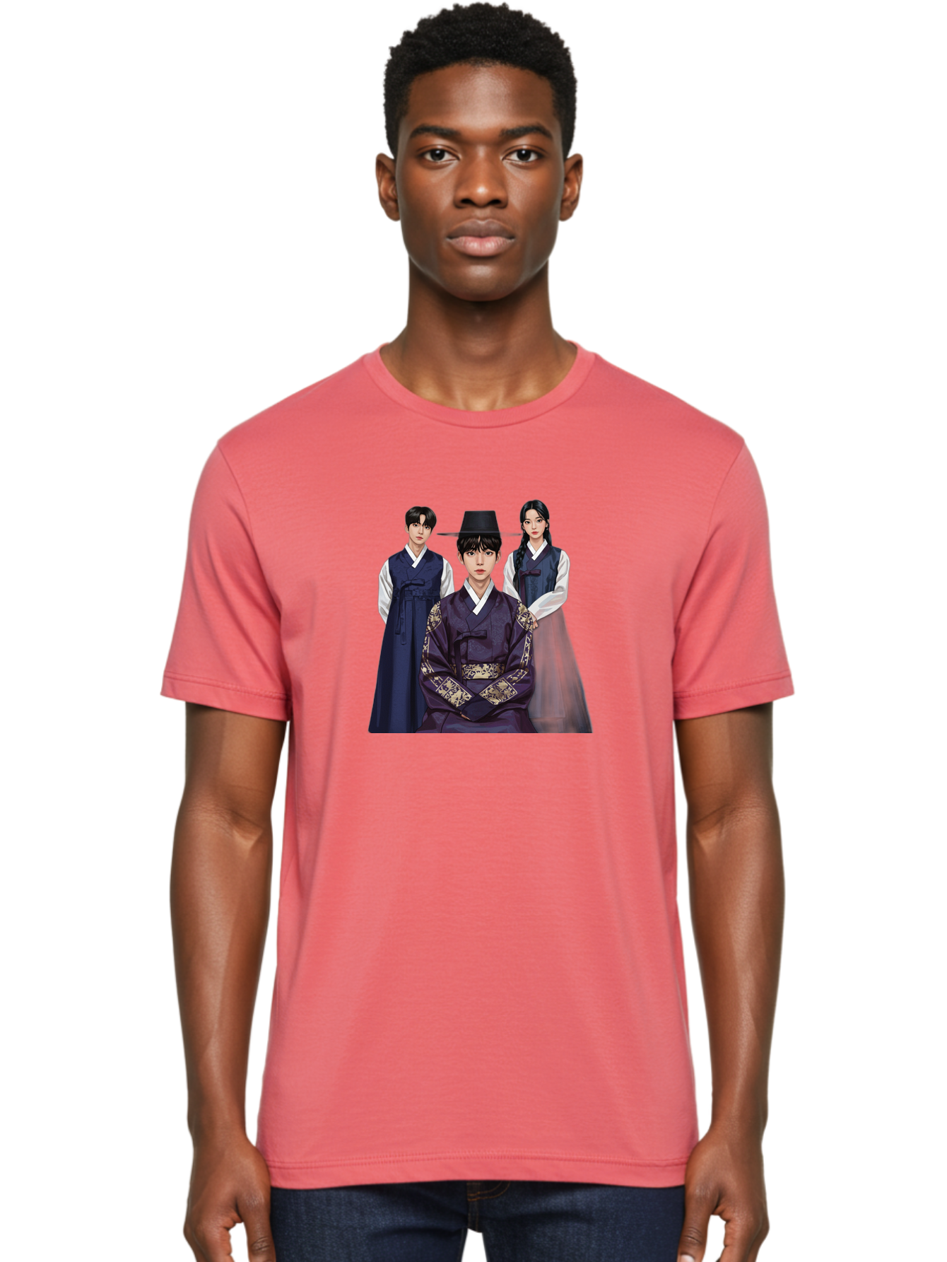 Hanbok-Trio Men'S Graphic Tee, 100% Cotton, Comfortable Casual Summer Wear, Machine Washable, Traditional Korean Clothing, Hanbok Fashion, Cultural Heritage, Korean Attire, Elegant Robes, Historical Dress, Ornate Patterns, Gold Accents, Bac019