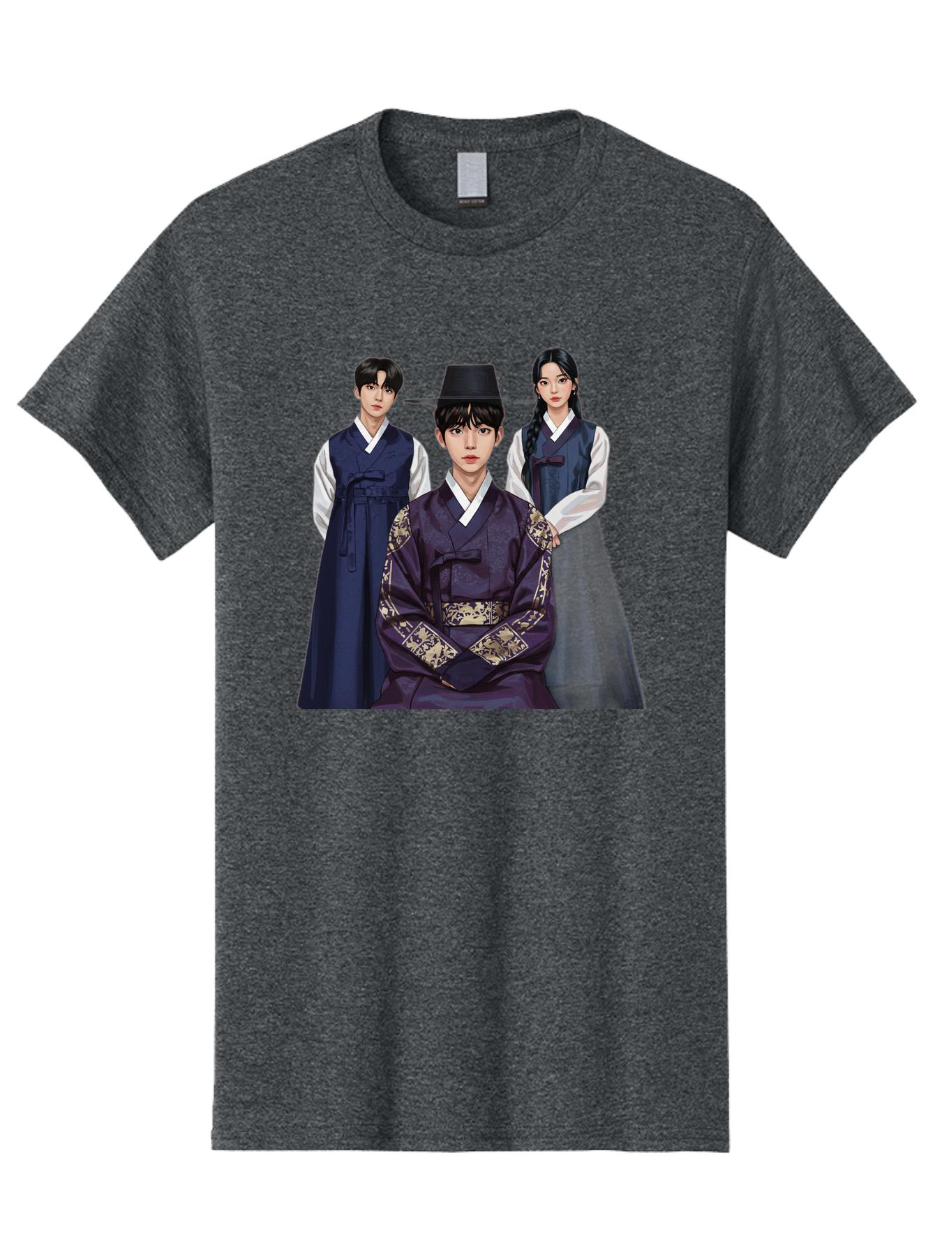 Hanbok-Trio Men'S Graphic Tee, 100% Cotton, Comfortable Casual Summer Wear, Machine Washable, Traditional Korean Clothing, Hanbok Fashion, Cultural Heritage, Korean Attire, Elegant Robes, Historical Dress, Ornate Patterns, Gold Accents, Bac019